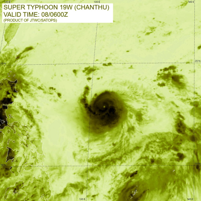 STY 19W(CHANTHU). SATELLITE ANALYSIS, INITIAL POSITION AND INTENSITY DISCUSSION: ANIMATED MULTISPECTRAL SATELLITE IMAGERY (MSI) INDICATES THAT SUPER TYPHOON CHANTHU HAS CONTINUED TO INTENSIFY OVER THE PAST SIX HOURS, WITH A VERY COMPACT CORE OF INTENSE CONVECTION WRAPPING INTO A 9KM PINHOLE EYE. THERE IS HIGH CONFIDENCE IN THE INITIAL POSITION BASED ON THE PINHOLE EYE AND AN EXTRAPOLATION OF A 080433Z AMSR2 89GHZ MICROWAVE IMAGE WHICH SHOWED THE PINHOLE EYE SURROUNDED BY A CORE OF INTENSE CONVECTION AS WELL A MOAT REGION AND ANOTHER BAND OF STRONG CONVECTION WHICH IS LIKELY THE FIRST SIGN OF A DEVELOPING SECONDARY EYEWALL. AN EYEWALL REPLACEMENT CYCLE (EWRC) IS EXPECTED TO BEGIN IMMINENTLY. OBJECTIVE DVORAK ESTIMATES ARE STRUGGLING TO PROPERLY ASSESS THE INTENSITY OF STY 19W DUE TO EXTREMELY SMALL EYE, THE ADT AT TIMES SWITCHING TO EMBEDDED CENTER TECHNIQUE AS IT STRUGGLES TO MAINTAIN TRACK ON THE EYE. SUBJECTIVE ESTIMATES ARE ALSO STRUGGLING TO PROVIDE CONSISTENT AND ACCURATE INTENSITY ESTIMATES, AS THE RESOLUTION OF AVAILABLE INFRARED IMAGERY IS SUCH THAT THE EYE TEMPERATURE MEASUREMENTS ARE SHOWING WILD SWINGS FROM AS HIGH AS 16C TO AS LOW AS -48C. ADDITIONALLY, A STRONG INNER-CORE LIGHTNING BURST WAS OBSERVED BETWEEN 0200Z AND 0600Z, WHICH COULD ALSO SUPPORT A PERIOD OF INTENSIFICATION LEADING UP TO THE 0600Z INTENSITY. THE INITIAL INTENSITY HAS BEEN INCREASED TO 140 KNOTS/CAT 5 BASED PRIMARILY ON AN EXTRAPOLATION OF AN UNOFFICIAL INTENSITY ESTIMATE OF T7.0 OBTAINED AT 0310Z USING THE ADT EYE TEMP OF 16C AND COMPARING THE OVERALL STRUCTURE AT THAT TIME TO THE STRUCTURE AT 0600Z, WHICH HAD DEPICTED AN EVEN SMALLER EYE AND COLDER CLOUD TEMPERATURES, THE LIGHTNING BURST AND ASSESSMENT OF THE AMSR2 MICROWAVE DATA. THUS THE LOW CONFIDENCE INTENSITY IS WELL ABOVE ALL AVAILABLE FIX ESTIMATES. STY 19W IS TRACKING WEST-SOUTHWEST IN A HIGHLY FAVORABLE ENVIRONMENT OF LOW NORTHERLY VWS, GOOD RADIAL OUTFLOW AND WARM SST, HIGH OHC WATERS. STY 19W(CHANTHU). SATELLITE ANALYSIS, INITIAL POSITION AND INTENSITY DISCUSSION: ANIMATED MULTISPECTRAL SATELLITE IMAGERY (MSI) INDICATES THAT SUPER TYPHOON CHANTHU HAS CONTINUED TO INTENSIFY OVER THE PAST SIX HOURS, WITH A VERY COMPACT CORE OF INTENSE CONVECTION WRAPPING INTO A 9KM PINHOLE EYE. THERE IS HIGH CONFIDENCE IN THE INITIAL POSITION BASED ON THE PINHOLE EYE AND AN EXTRAPOLATION OF A 080433Z AMSR2 89GHZ MICROWAVE IMAGE WHICH SHOWED THE PINHOLE EYE SURROUNDED BY A CORE OF INTENSE CONVECTION AS WELL A MOAT REGION AND ANOTHER BAND OF STRONG CONVECTION WHICH IS LIKELY THE FIRST SIGN OF A DEVELOPING SECONDARY EYEWALL. AN EYEWALL REPLACEMENT CYCLE (EWRC) IS EXPECTED TO BEGIN IMMINENTLY. OBJECTIVE DVORAK ESTIMATES ARE STRUGGLING TO PROPERLY ASSESS THE INTENSITY OF STY 19W DUE TO EXTREMELY SMALL EYE, THE ADT AT TIMES SWITCHING TO EMBEDDED CENTER TECHNIQUE AS IT STRUGGLES TO MAINTAIN TRACK ON THE EYE. SUBJECTIVE ESTIMATES ARE ALSO STRUGGLING TO PROVIDE CONSISTENT AND ACCURATE INTENSITY ESTIMATES, AS THE RESOLUTION OF AVAILABLE INFRARED IMAGERY IS SUCH THAT THE EYE TEMPERATURE MEASUREMENTS ARE SHOWING WILD SWINGS FROM AS HIGH AS 16C TO AS LOW AS -48C. ADDITIONALLY, A STRONG INNER-CORE LIGHTNING BURST WAS OBSERVED BETWEEN 0200Z AND 0600Z, WHICH COULD ALSO SUPPORT A PERIOD OF INTENSIFICATION LEADING UP TO THE 0600Z INTENSITY. THE INITIAL INTENSITY HAS BEEN INCREASED TO 140 KNOTS/CAT 5 BASED PRIMARILY ON AN EXTRAPOLATION OF AN UNOFFICIAL INTENSITY ESTIMATE OF T7.0 OBTAINED AT 0310Z USING THE ADT EYE TEMP OF 16C AND COMPARING THE OVERALL STRUCTURE AT THAT TIME TO THE STRUCTURE AT 0600Z, WHICH HAD DEPICTED AN EVEN SMALLER EYE AND COLDER CLOUD TEMPERATURES, THE LIGHTNING BURST AND ASSESSMENT OF THE AMSR2 MICROWAVE DATA. THUS THE LOW CONFIDENCE INTENSITY IS WELL ABOVE ALL AVAILABLE FIX ESTIMATES. STY 19W IS TRACKING WEST-SOUTHWEST IN A HIGHLY FAVORABLE ENVIRONMENT OF LOW NORTHERLY VWS, GOOD RADIAL OUTFLOW AND WARM SST, HIGH OHC WATERS.