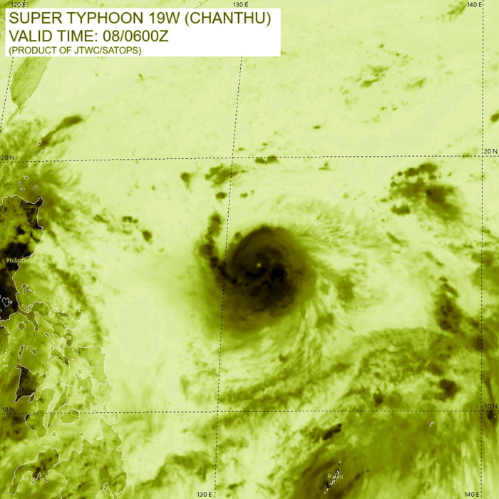 STY 19W(CHANTHU). SATELLITE ANALYSIS, INITIAL POSITION AND INTENSITY DISCUSSION: ANIMATED MULTISPECTRAL SATELLITE IMAGERY (MSI) INDICATES THAT SUPER TYPHOON CHANTHU HAS CONTINUED TO INTENSIFY OVER THE PAST SIX HOURS, WITH A VERY COMPACT CORE OF INTENSE CONVECTION WRAPPING INTO A 9KM PINHOLE EYE. THERE IS HIGH CONFIDENCE IN THE INITIAL POSITION BASED ON THE PINHOLE EYE AND AN EXTRAPOLATION OF A 080433Z AMSR2 89GHZ MICROWAVE IMAGE WHICH SHOWED THE PINHOLE EYE SURROUNDED BY A CORE OF INTENSE CONVECTION AS WELL A MOAT REGION AND ANOTHER BAND OF STRONG CONVECTION WHICH IS LIKELY THE FIRST SIGN OF A DEVELOPING SECONDARY EYEWALL. AN EYEWALL REPLACEMENT CYCLE (EWRC) IS EXPECTED TO BEGIN IMMINENTLY. OBJECTIVE DVORAK ESTIMATES ARE STRUGGLING TO PROPERLY ASSESS THE INTENSITY OF STY 19W DUE TO EXTREMELY SMALL EYE, THE ADT AT TIMES SWITCHING TO EMBEDDED CENTER TECHNIQUE AS IT STRUGGLES TO MAINTAIN TRACK ON THE EYE. SUBJECTIVE ESTIMATES ARE ALSO STRUGGLING TO PROVIDE CONSISTENT AND ACCURATE INTENSITY ESTIMATES, AS THE RESOLUTION OF AVAILABLE INFRARED IMAGERY IS SUCH THAT THE EYE TEMPERATURE MEASUREMENTS ARE SHOWING WILD SWINGS FROM AS HIGH AS 16C TO AS LOW AS -48C. ADDITIONALLY, A STRONG INNER-CORE LIGHTNING BURST WAS OBSERVED BETWEEN 0200Z AND 0600Z, WHICH COULD ALSO SUPPORT A PERIOD OF INTENSIFICATION LEADING UP TO THE 0600Z INTENSITY. THE INITIAL INTENSITY HAS BEEN INCREASED TO 140 KNOTS/CAT 5 BASED PRIMARILY ON AN EXTRAPOLATION OF AN UNOFFICIAL INTENSITY ESTIMATE OF T7.0 OBTAINED AT 0310Z USING THE ADT EYE TEMP OF 16C AND COMPARING THE OVERALL STRUCTURE AT THAT TIME TO THE STRUCTURE AT 0600Z, WHICH HAD DEPICTED AN EVEN SMALLER EYE AND COLDER CLOUD TEMPERATURES, THE LIGHTNING BURST AND ASSESSMENT OF THE AMSR2 MICROWAVE DATA. THUS THE LOW CONFIDENCE INTENSITY IS WELL ABOVE ALL AVAILABLE FIX ESTIMATES. STY 19W IS TRACKING WEST-SOUTHWEST IN A HIGHLY FAVORABLE ENVIRONMENT OF LOW NORTHERLY VWS, GOOD RADIAL OUTFLOW AND WARM SST, HIGH OHC WATERS.