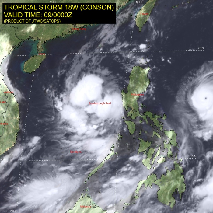 TS 18W(CONSON).SATELLITE ANALYSIS, INITIAL POSITION AND INTENSITY DISCUSSION: ANIMATED MULTISPECTRAL SATELLITE IMAGERY (MSI) SHOWS A DISORGANIZED SYSTEM WITH FRAGMENTED FEEDER BANDS THAT IS STRUGGLING TO CONSOLIDATE AFTER IT CROSSED THE PHILIPPINE ARCHIPELAGO AND EXITED INTO THE SOUTH CHINA SEA. THE INITIAL POSITION IS PLACED WITH MEDIUM CONFIDENCE USING LOW CLOUD TRACING IN THE MSI LOOP AND LINED UP WITH A WEAK LOW LEVEL NOTCH FEATURE IN THE 082256Z AMSU-B MICROWAVE IMAGE. THE INITIAL INTENSITY IS ASSIGNED WITH MEDIUM CONFIDENCE BASED ON THE HIGH END OF AGENCY AND AUTOMATED DVORAK ESTIMATES AND REFLECTS THE SUSTAINED 6-HR CONVECTIVE SIGNATURE. ANALYSIS INDICATES A MARGINALLY FAVORABLE ENVIRONMENT WITH LOW VERTICAL WIND SHEAR AND WARM SSTS OFFSET BY WEAK UPPER LEVEL OUTFLOW. THE CYCLONE IS TRACKING ALONG THE SOUTHERN PERIPHERY OF THE STR TO THE NORTHEAST.
