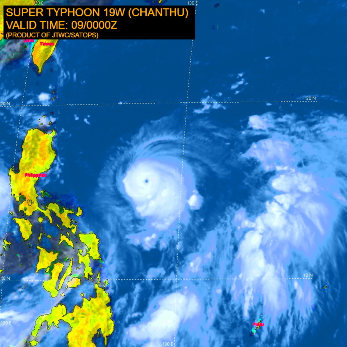 STY 19W(CHANTHU). SATELLITE ANALYSIS, INITIAL POSITION AND INTENSITY DISCUSSION: ANIMATED MULTISPECTRAL SATELLITE IMAGERY (MSI) SHOWS A COMPACT, INTENSE, AND HIGHLY-SYMMETRICAL SYSTEM WITH A SHARPLY OUTLINED 9-KM PINHOLE EYE, WHERE THE INITIAL POSITION IS PLACED WITH HIGH CONFIDENCE. CONVECTIVE TOPS AROUND THE EYEWALL HAVE SLIGHTLY DEEPENED AS EVIDENCED BY COOLER TEMPERATURES FROM 6HRS PRIOR. THE INITIAL INTENSITY IS ALSO ASSIGNED WITH HIGH CONFIDENCE BASED ON CONGRUENT AND CONCENTRIC AGENCY DVORAK FIXES AND REFLECTS THE SLIGHT  6-HR INTENSIFICATION. ANALYSIS INDICATES CONTINUED FAVORABLE  ENVIRONMENT WITH LOW VERTICAL WIND SHEAR AND STRONG RADIAL OUTFLOW ALOFT, AND VERY  WARM ALONG-TRACK SSTS OVER THE PHILIPPINE SEA. STY 19W IS TRACKING  ALONG THE SOUTHERN PERIPHERY OF A DEEP-LAYERED STR TO THE NORTH.