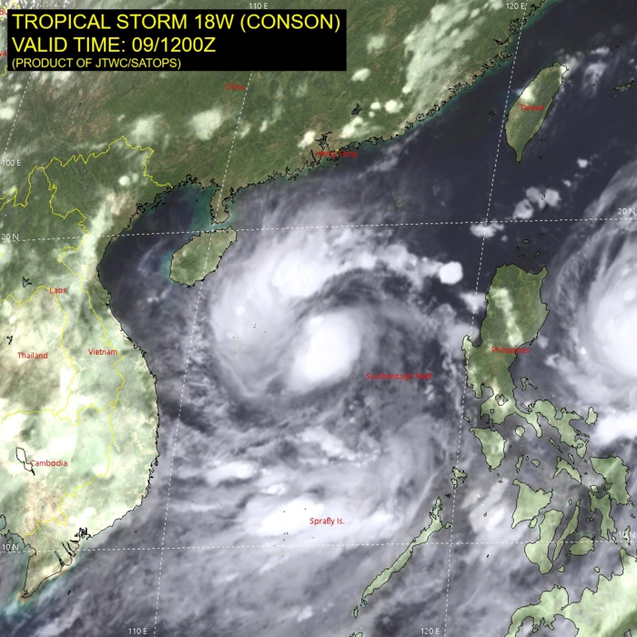 TS 18W(CONSON). SATELLITE ANALYSIS, INITIAL POSITION AND INTENSITY DISCUSSION: ANIMATED ENHANCED INFRARED (EIR) SATELLITE IMAGERY DEPICTS A DISORGANIZED SYSTEM THAT HAS IMPROVED SLIGHTLY IN STRUCTURE OVER THE PAST SIX HOURS. THE INITIAL POSITION IS BASED ON UPPER-LEVEL BANDING IN A 091055Z 91GHZ SSMIS IMAGE. THE INITIAL INTENSITY OF 45 KNOTS IS BASED ON THE MULTI-AGENCY DVORAK INTENSITY ESTIMATES. THE SYSTEM IS CURRENTLY TRACKING WESTWARD IN A MARGINALLY FAVORABLE ENVIRONMENT WITH MODERATE VERTICAL WIND SHEAR, WARM SEA SURFACE TEMPERATURES, AND WEAK RADIAL OUTFLOW ALOFT.