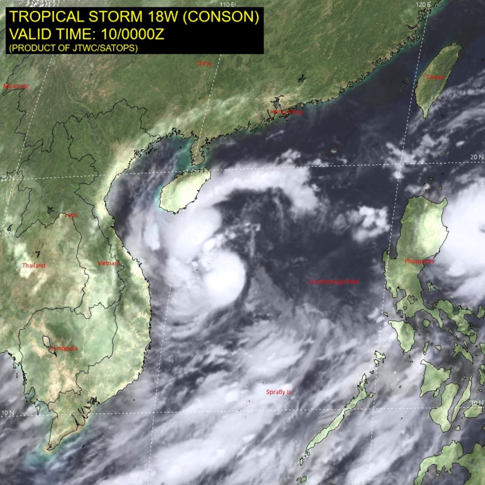 TS 18W(CONSON).SATELLITE ANALYSIS, INITIAL POSITION AND INTENSITY DISCUSSION: ANIMATED MULTISPECTRAL SATELLITE IMAGERY SHOWS THE SYSTEM HAS MAINTAINED OVERALL CONVECTIVE SIGNATURE WITH THE MAIN FEEDER BAND WRAPPING IN FROM THE NORTH AND INTO THE DEEP CENTRAL CONVECTION THAT IS OBSCURING THE LOW LEVEL CIRCULATION (LLC). THE INITIAL  POSITION IS PLACED WITH MEDIUM CONFIDENCE BASED ON A RAGGED BUT  DEFINED LLC IN THE 092327Z SSMIS 89GHZ MICROWAVE IMAGE. THE INITIAL  INTENSITY IS ALSO PLACED WITH MEDIUM CONFIDENCE BASED ON THE MEDIAN  OF AGENCY AND AUTOMATED DVORAK ESTIMATES AND REFLECTS THE SUSTAINED  CONVECTIVE SIGNATURE. THE ENVIRONMENT IS MARGINALLY FAVORABLE WITH  LOW VERTICAL WIND SHEAR AND WARM SSTS OFFSET BY WEAK RADIAL OUTFLOW. THE CYCLONE IS  TRACKING ALONG THE SOUTHERN PERIPHERY OF THE SUBTROPICAL RIDGE TO THE NORTHEAST.