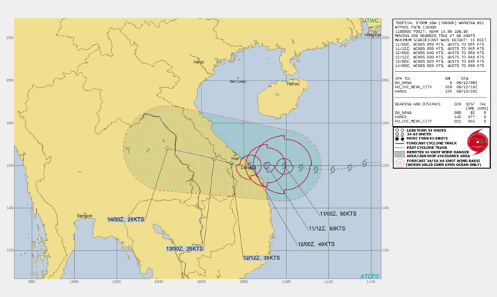 TS 18W(CONSON). WARNING 21 ISSUED AT 11/03UTC.SIGNIFICANT FORECAST CHANGES: THERE ARE NO SIGNIFICANT CHANGES TO THE FORECAST FROM THE PREVIOUS WARNING.  FORECAST DISCUSSION: TS CONSON WILL TRACK WESTWARD TO WEST- NORTHWESTWARD THROUGH THE FORECAST PERIOD UNDER THE STEERING INFLUENCE OF THE SUBTROPICAL RIDGE. THE SYSTEM SHOULD MAKE LANDFALL OVER DA NANG,VIETNAM NEAR 24H WITH RAPID WEAKENING AS THE SYSTEM TRACKS INLAND OVER THE MOUNTAINOUS TERRAIN. TS 18W IS EXPECTED TO DISSIPATE BY 72H.