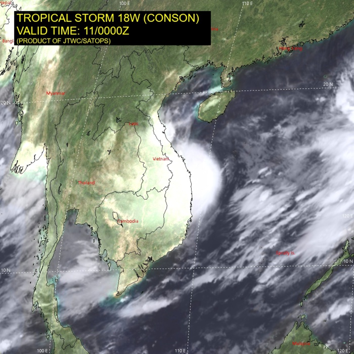 TS 18W(CONSON).  SATELLITE ANALYSIS, INITIAL POSITION AND INTENSITY DISCUSSION: ANIMATED ENHANCED INFRARED SATELLITE IMAGERY DEPICTS AN EXPANDING CENTRAL COLD COVER (CCC) OBSCURING THE LOW-LEVEL CIRCULATION CENTER (LLCC). RECENT VISIBLE IMAGERY INDICATES THE LLCC IS POSITIONED ALONG THE EASTERN EDGE OF THIS AREA OF INTENSE CONVECTION. A 102314Z SSMIS 37GHZ IMAGE REVEALS IMPROVED CONVECTIVE ORGANIZATION WITH CONVECTIVE BANDING WRAPPING INTO A DEFINED LLCC, WHICH SUPPORTS THE INITIAL POSITION WITH MEDIUM CONFIDENCE. THE INITIAL INTENSITY OF 50 KNOTS IS ASSESSED WITH MEDIUM CONFIDENCE AND IS HEDGED ABOVE THE PGTW DVORAK ESTIMATE, WHICH IS BASED ON THE DVORAK  CCC METHOD. UPPER-LEVEL ANALYSIS INDICATES A MARGINALLY-FAVORABLE  ENVIRONMENT WITH MODERATE EASTERLY VERTICAL WIND SHEAR OFFSET BY  MODERATE WESTWARD OUTFLOW.