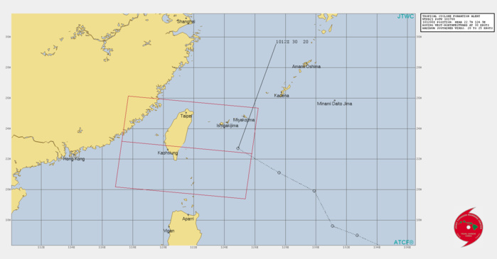 INVEST 96W. TROPICAL CYCLONE FORMATION ALERT ISSUED AT 10/17UTC UPDATE AT 11/06UTC.THE AREA OF CONVECTION (INVEST 96W) PREVIOUSLY LOCATED  NEAR 22.7N 124.9E IS NOW LOCATED NEAR 22.3N 121.1E, APPROXIMATELY  395 KM SOUTHWEST OF ISHIGAKIJIMA. ANIMATED MULTISPECTRAL SATELLITE  IMAGERY (MSI) AND RECENT PARTIAL SCATTEROMETER PASSES DO NOT SHOW A  SEPARATE AND DISCREET LOW LEVEL CIRCULATION (LLC) AT THIS TIME.  HOWEVER, MODEL FIELDS AND SURFACE OBSERVATIONS FROM THE REGION  SUGGEST THAT A WEAK LLC MAY EXIST OVER OR VERY NEAR THE EAST COAST  OF TAIWAN. WHATEVER LLC IS PRESENT IS MOVING RAPIDLY SOUTHWESTWARD  TOWARDS STY 19W, AS IT IS ALREADY CAPTURED BY THE OVERALL LOW LEVEL  FLOW ASSOCIATED WITH STY 19W. INVEST 96W IS EXPECTED TO BE FULLY  ABSORBED BY STY 19W AND DISSIPATE AS A SEPARATE LLC WITHIN THE NEXT  6 TO 12 HOURS.  INVEST 96W IS UNDER THE WESTERLY OUTFLOW FROM STY  19W, HOWEVER, VERTICAL WIND SHEAR IS MODERATE (10-15 KNOTS) AND SEA  SURFACE TEMPERATURES (SST) ARE VERY WARM (30-31C). GLOBAL MODELS  FAIL TO EVEN PICK UP A CIRCULATION ASSOCIATED WITH 96W, BUT THE HWRF  STILL SHOWS SHARP TURNING ALONG THE COAST OF TAIWAN AND INDICATES A  POSSIBILITY OF THE SYSTEM REACHING 25 KNOTS DURING A VERY BRIEF  WINDOW WITHIN THE NEXT 6 TO 12 HOURS.  MAXIMUM SUSTAINED SURFACE  WINDS ARE ESTIMATED AT 20 TO 25 KNOTS. MINIMUM SEA LEVEL PRESSURE IS  ESTIMATED TO BE NEAR 1005 MB. THE POTENTIAL FOR THE DEVELOPMENT OF A  SIGNIFICANT TROPICAL CYCLONE WITHIN THE NEXT 24 HOURS REMAINS HIGH.