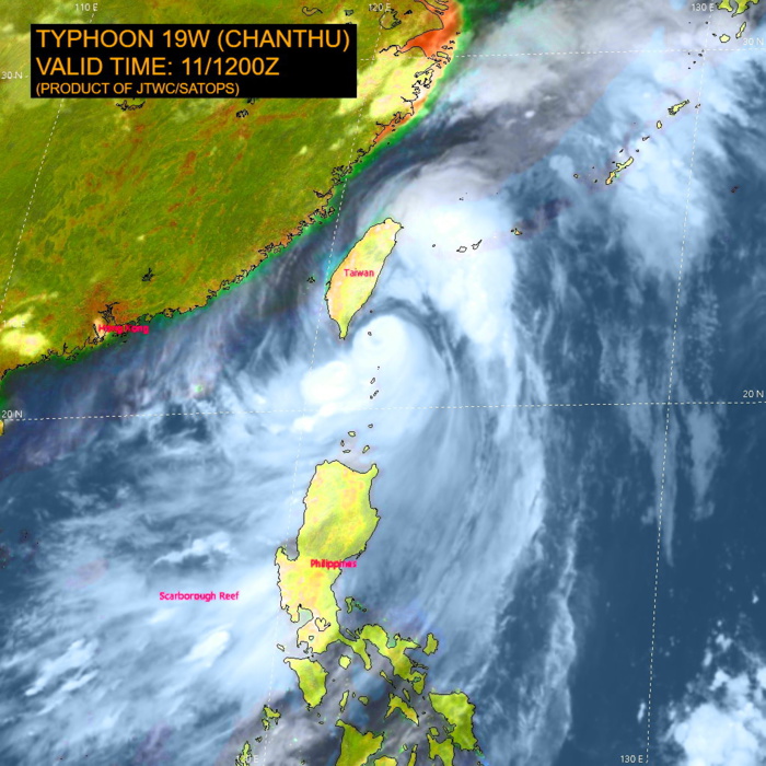 TY 19W(CHANTHU).  SATELLITE ANALYSIS, INITIAL POSITION AND INTENSITY DISCUSSION: ANIMATED ENHANCED INFRARED (EIR) SATELLITE IMAGERY DEPICTS A COMPACT AREA SYMMETRICAL DEEP CONVECTION SURROUNDING A RAGGED, ELONGATED 19-KM WIDE EYE. AN 111029Z SSMIS 89GHZ MICROWAVE IMAGE DEPICTED SPIRAL BANDING TO THE SOUTH, WRAPPING INTO A COMPACT LOW LEVEL CIRCULATION CENTER (LLCC), WITH WEDGE OF DRIER AIR DEVOID OF CONVECTION WRAPPING ACROSS THE NORTH TO THE WESTERN SIDE OF THE CONVECTIVE CORE. THE INITIAL POSITION IS ASSESSED WITH HIGH CONFIDENCE BASED ON THE 19-KM EYE AND RADAR DATA FROM TAIWAN. THE INITIAL INTENSITY IS ASSESSED AT 120 KNOTS/CAT 4 WITH MEDIUM CONFIDENCE, HEDGED SLIGHTLY HIGHER THAN THE MAJORITY OF AGENCY CURRENT INTENSITY ESTIMATES, AND ABOVE THE ADT ESTIMATE DUE TO THE PRESENCE OF THE NASCENT EYE FEATURE, WHICH THE ADT IS NOT YET TRACKING. SUBSEQUENT EIR IMAGERY SHOWS THE EYE CLEARING AND WARMING SLIGHTLY, INDICATIVE OF ANOTHER ROUND OF SLIGHT INTENSIFICATION.