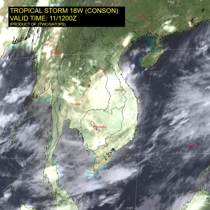 TS 18W.SATELLITE ANALYSIS, INITIAL POSITION AND INTENSITY DISCUSSION: ANIMATED ENHANCED INFRARED (EIR) SATELLITE IMAGERY AND ANIMATED VIETNAMESE RADAR DATA INDICATE THE CENTER OF TS 18W IS JUST OFFSHORE NEAR CU LAO RE ISLAND. THE LOW LEVEL CIRCULATION CENTER (LLCC) REMAINS FULLY EXPOSED, WITH MODERATE CONVECTIVE ACTIVITY SHEARED TO THE WEST BY PERSISTENT MODERATE EASTERLY SHEAR. THE EXPOSED LLCC COMBINED WITH THE RADAR DATA LENT HIGH CONFIDENCE TO THE INITIAL POSITION. THE INITIAL INTENSITY OF 40 KNOTS IS ASSESSED WITH MEDIUM CONFIDENCE, BASED ON A BLEND OF MULTI-AGENCY DVORAK CURRENT INTENSITY ESTIMATES OF T3.0 (45 KNOTS) AND AN ADT ESTIMATE OF 34 KNOTS. THE SYSTEM LIES IN AN OVERALL MARGINAL ENVIRONMENT, WITH PERSISTENT MODERATE VERTICAL WIND SHEAR OFFSETTING STRONG WESTWARD OUTFLOW AND WARM SSTS. OHC VALUES ARE LOW CLOSE TO THE COAST, CONTRIBUTING TO THE WEAKENING TREND AS THE SYSTEM HAS SLOWED AS IT APPROACHES THE COASTLINE.