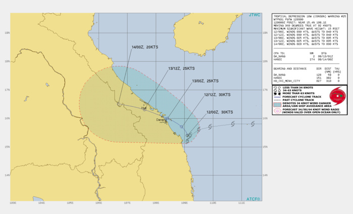 TD 19W(CONSON). WARNING 25 ISSUED AT 12/03UTC.SIGNIFICANT FORECAST CHANGES: THERE ARE NO SIGNIFICANT CHANGES TO THE FORECAST FROM THE PREVIOUS WARNING.  FORECAST DISCUSSION: TD 18W IS FORECAST TO MAINTAIN A QUASI-STATIONARY MOTION THROUGH 12H UNDER A COMPETING STEERING ENVIRONMENT. AFTER 12H, THE SUBTROPICAL RIDGE TO THE NORTH IS EXPECTED TO STRENGTHEN, ALLOWING TD 18W TO ACCELERATE WEST-NORTHWESTWARD INTO VIETNAM. ONCE THE SYSTEM TRACKS OVER THE MOUNTAINOUS TERRAIN OF VIETNAM, IT'S EXPECTED TO RAPIDLY DISSIPATE. TD 19W(CONSON). WARNING 25 ISSUED AT 12/03UTC.SIGNIFICANT FORECAST CHANGES: THERE ARE NO SIGNIFICANT CHANGES TO THE FORECAST FROM THE PREVIOUS WARNING.  FORECAST DISCUSSION: TD 18W IS FORECAST TO MAINTAIN A QUASI-STATIONARY MOTION THROUGH 12H UNDER A COMPETING STEERING ENVIRONMENT. AFTER 12H, THE SUBTROPICAL RIDGE TO THE NORTH IS EXPECTED TO STRENGTHEN, ALLOWING TD 18W TO ACCELERATE WEST-NORTHWESTWARD INTO VIETNAM. ONCE THE SYSTEM TRACKS OVER THE MOUNTAINOUS TERRAIN OF VIETNAM, IT'S EXPECTED TO RAPIDLY DISSIPATE.