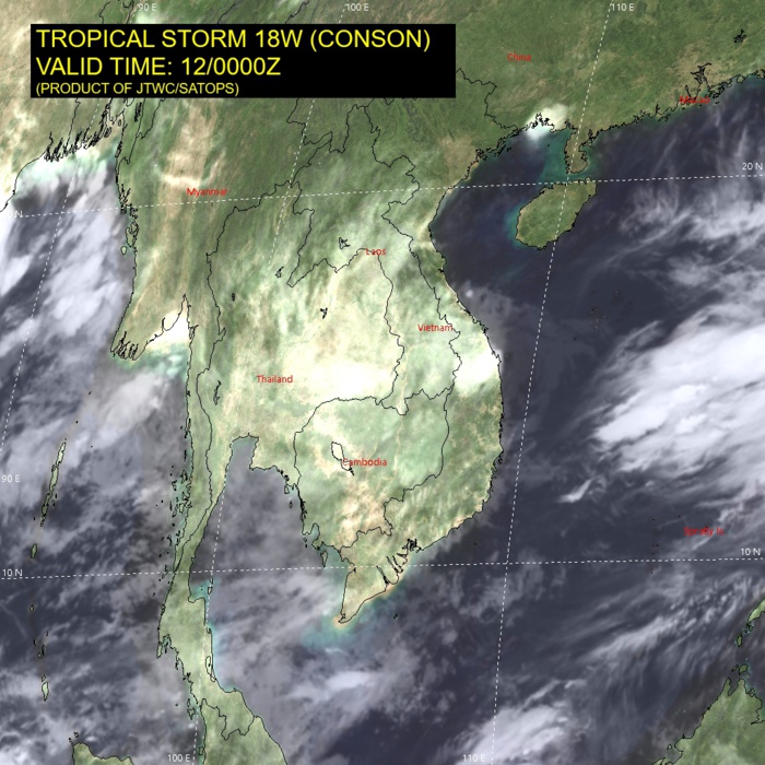 TD 18W(CONSON).SATELLITE ANALYSIS, INITIAL POSITION AND INTENSITY DISCUSSION: ANIMATED ENHANCED INFRARED (EIR) SATELLITE IMAGERY DEPICTS FLARING DEEP CONVECTION DISPLACED WEST OF AN EXPOSED, WELL-DEFINED LOW-LEVEL CIRCULATION CENTER (LLCC). ANIMATED RADAR IMAGERY  INDICATES A QUASI-STATIONARY SYSTEM OVER WATER WITH A WELL-ORGANIZED  LLCC AND TIGHTLY-WRAPPED RAINBANDS. THE INITIAL POSITION IS PLACED  WITH HIGH CONFIDENCE BASED ON EIR AND RADAR IMAGERY. THE INITIAL  INTENSITY OF 30 KNOTS IS ASSESSED WITH HIGH CONFIDENCE HEDGED JUST  BELOW THE PGTW DVORAK ESTIMATE DUE TO THE WEAK CONVECTIVE STRUCTURE.  UPPER-LEVEL CONDITIONS ARE MARGINAL WITH STRONG (25 KNOTS) EASTERLY  VERTICAL WIND SHEAR (VWS) AND DIFFLUENT FLOW ALOFT. TD 18W(CONSON).SATELLITE ANALYSIS, INITIAL POSITION AND INTENSITY DISCUSSION: ANIMATED ENHANCED INFRARED (EIR) SATELLITE IMAGERY DEPICTS FLARING DEEP CONVECTION DISPLACED WEST OF AN EXPOSED, WELL-DEFINED LOW-LEVEL CIRCULATION CENTER (LLCC). ANIMATED RADAR IMAGERY  INDICATES A QUASI-STATIONARY SYSTEM OVER WATER WITH A WELL-ORGANIZED  LLCC AND TIGHTLY-WRAPPED RAINBANDS. THE INITIAL POSITION IS PLACED  WITH HIGH CONFIDENCE BASED ON EIR AND RADAR IMAGERY. THE INITIAL  INTENSITY OF 30 KNOTS IS ASSESSED WITH HIGH CONFIDENCE HEDGED JUST  BELOW THE PGTW DVORAK ESTIMATE DUE TO THE WEAK CONVECTIVE STRUCTURE.  UPPER-LEVEL CONDITIONS ARE MARGINAL WITH STRONG (25 KNOTS) EASTERLY  VERTICAL WIND SHEAR (VWS) AND DIFFLUENT FLOW ALOFT.