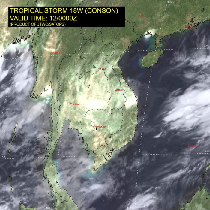 TD 18W(CONSON).SATELLITE ANALYSIS, INITIAL POSITION AND INTENSITY DISCUSSION: ANIMATED ENHANCED INFRARED (EIR) SATELLITE IMAGERY DEPICTS FLARING DEEP CONVECTION DISPLACED WEST OF AN EXPOSED, WELL-DEFINED LOW-LEVEL CIRCULATION CENTER (LLCC). ANIMATED RADAR IMAGERY  INDICATES A QUASI-STATIONARY SYSTEM OVER WATER WITH A WELL-ORGANIZED  LLCC AND TIGHTLY-WRAPPED RAINBANDS. THE INITIAL POSITION IS PLACED  WITH HIGH CONFIDENCE BASED ON EIR AND RADAR IMAGERY. THE INITIAL  INTENSITY OF 30 KNOTS IS ASSESSED WITH HIGH CONFIDENCE HEDGED JUST  BELOW THE PGTW DVORAK ESTIMATE DUE TO THE WEAK CONVECTIVE STRUCTURE.  UPPER-LEVEL CONDITIONS ARE MARGINAL WITH STRONG (25 KNOTS) EASTERLY  VERTICAL WIND SHEAR (VWS) AND DIFFLUENT FLOW ALOFT.