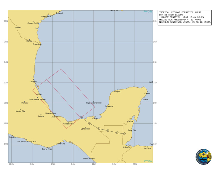 ATLANTIC. INVEST 94L. TROPICAL CYCLONE FORMATION ALERT ISSUED AT 11/20UTC.FORMATION OF A SIGNIFICANT TROPICAL CYCLONE IS POSSIBLE WITHIN 185 KM EITHER SIDE OF A LINE FROM 18.6N 93.3W TO 22.3N 96.6W WITHIN THE NEXT 00 TO 24 HOURS. AVAILABLE DATA DOES NOT JUSTIFY ISSUANCE OF NUMBERED TROPICAL CYCLONE WARNINGS AT THIS TIME. WINDS IN THE AREA ARE ESTIMATED TO BE 15 TO 20 KNOTS. METSAT IMAGERY, SYNOPTIC DATA AND RADAR DATA AT 110340Z INDICATE THAT A CIRCULATION CENTER IS LOCATED NEAR 18.6N 93.2W. THE SYSTEM IS MOVING NORTHWESTWARD AT 22 KM/H. 2. A BROAD AREA OF LOW PRESSURE LOCATED ALONG THE COAST OF SOUTHEASTERN MEXICO IS PRODUCING A LARGE AREA OF SHOWERS AND THUNDERSTORMS THAT ARE EXTENDING OVER THE BAY OF CAMPECHE. ENVIRONMENTAL CONDITIONS OVER THE SOUTHERN GULF OF MEXICO ARE EXPECTED TO BECOME MORE FAVORABLE FOR DEVELOPMENT OF THE SYSTEM AS IT EMERGES OVER THE BAY BY TONIGHT. AS THE DISTURBANCE MOVES GENERALLY NORTHWESTWARD AT 5 TO 10 KT SUNDAY, FURTHER DEVELOPMENT IS EXPECTED AND A TROPICAL DEPRESSION IS LIKELY TO FORM OVER THE SOUTHERN GULF OF MEXICO BY SUNDAY NIGHT, OR EARLY MONDAY.