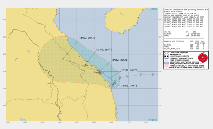 TD 18W(CONSON). WARNING 26 ISSUED AT 12/09UTC.SIGNIFICANT FORECAST CHANGES: THERE ARE NO SIGNIFICANT CHANGES TO THE FORECAST FROM THE PREVIOUS WARNING.  FORECAST DISCUSSION: TD 18W IS CURRENTLY EMBEDDED IN A COMPLEX STEERING PATTERN WITH THREE RIDGES COMPETING TO DOMINATE THE STEERING FLOW. OVER THE NEXT 12 HOURS, THE RIDGE TO THE NORTH IS FORECAST TO WEAKEN AND MOVE EASTWARD, WHILE THE RIDGE TO THE EAST BUILDS IN OVER THE SOUTH CHINA SEA AND PUSHES TD 18W OUT OF ITS CURRENT QUASI-STATIONARY POSITION. THROUGH THE REMAINDER OF THE FORECAST PERIOD THE SYSTEM WILL TRACK NORTHWESTWARD ALONG THE WESTERN PERIPHERY OF DEEP SUBTROPICAL RIDGING. THE SYSTEM IS EXPECTED TO MAKE LANDFALL NEAR DA NANG, VIETNAM IN ABOUT 24 HOURS, BEFORE PROCEEDING FURTHER INLAND. DUE TO THE PERSISTENT HIGH VERTICAL WIND SHEAR, THE SYSTEM IS NOT EXPECTED TO INTENSIFY, AND WILL MAINTAIN ITS CURRENT INTENSITY THROUGH LANDFALL. ONCE OVER LAND, TERRAIN INTERACTION WILL LEAD TO RAPID DISSIPATION NO LATER THAN 48H. TD 18W(CONSON). WARNING 26 ISSUED AT 12/09UTC.SIGNIFICANT FORECAST CHANGES: THERE ARE NO SIGNIFICANT CHANGES TO THE FORECAST FROM THE PREVIOUS WARNING.  FORECAST DISCUSSION: TD 18W IS CURRENTLY EMBEDDED IN A COMPLEX STEERING PATTERN WITH THREE RIDGES COMPETING TO DOMINATE THE STEERING FLOW. OVER THE NEXT 12 HOURS, THE RIDGE TO THE NORTH IS FORECAST TO WEAKEN AND MOVE EASTWARD, WHILE THE RIDGE TO THE EAST BUILDS IN OVER THE SOUTH CHINA SEA AND PUSHES TD 18W OUT OF ITS CURRENT QUASI-STATIONARY POSITION. THROUGH THE REMAINDER OF THE FORECAST PERIOD THE SYSTEM WILL TRACK NORTHWESTWARD ALONG THE WESTERN PERIPHERY OF DEEP SUBTROPICAL RIDGING. THE SYSTEM IS EXPECTED TO MAKE LANDFALL NEAR DA NANG, VIETNAM IN ABOUT 24 HOURS, BEFORE PROCEEDING FURTHER INLAND. DUE TO THE PERSISTENT HIGH VERTICAL WIND SHEAR, THE SYSTEM IS NOT EXPECTED TO INTENSIFY, AND WILL MAINTAIN ITS CURRENT INTENSITY THROUGH LANDFALL. ONCE OVER LAND, TERRAIN INTERACTION WILL LEAD TO RAPID DISSIPATION NO LATER THAN 48H.