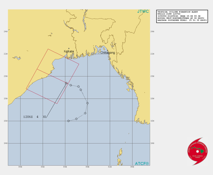 NORTH INDIAN. INVEST 95B. TROPICAL CYCLONE FORMATION ALERT ISSUED AT 12/07UTC.1. FORMATION OF A SIGNIFICANT TROPICAL CYCLONE IS POSSIBLE WITHIN 220 KM EITHER SIDE OF A LINE FROM 19.4N 88.2E TO 20.7N 85.5E WITHIN THE NEXT 12 TO 24 HOURS. AVAILABLE DATA DOES NOT JUSTIFY ISSUANCE OF NUMBERED TROPICAL CYCLONE WARNINGS AT THIS TIME. WINDS IN THE AREA ARE ESTIMATED TO BE 25 TO 30 KNOTS. METSAT IMAGERY AT 120600Z INDICATES THAT A CIRCULATION CENTER IS LOCATED NEAR 19.4N 88.1E. THE SYSTEM IS MOVING WEST-NORTHWESTWARD AT 07 KM/H. 2. REMARKS:AN AREA OF CONVECTION HAS PERSISTED NEAR 19.4N 88.1E,  APPROXIMATELY 340 KM SOUTH OF KOLKATA. ANIMATED MULTISPECTRAL  IMAGERY DEPICTS DEEP CONVECTION SURROUNDING MOST OF THE BROAD LOW  LEVEL CIRCULATION CENTER (LLCC), WHILE STEADILY CONSOLIDATING.  ENVIRONMENTAL ANALYSIS NOW INDICATES A FAVORABLE ENVIRONMENT DUE TO  A DECREASE IN VERTICAL WIND SHEAR (VWS) FROM MODERATE TO LOW (10KT),  GOOD EQUATORWARD OUTFLOW ALOFT AND VERY WARM (30C) SEA SURFACE  TEMPERATURES (SST). MAXIMUM SUSTAINED  SURFACE WINDS ARE ESTIMATED AT 25-30 KNOTS. MINIMUM SEA LEVEL  PRESSURE IS ESTIMATED TO BE NEAR 996 MB. THE POTENTIAL FOR THE  DEVELOPMENT OF A SIGNIFICANT TROPICAL CYCLONE WITHIN THE NEXT 24  HOURS IS HIGH. // NORTH INDIAN. INVEST 95B. TROPICAL CYCLONE FORMATION ALERT ISSUED AT 12/07UTC.1. FORMATION OF A SIGNIFICANT TROPICAL CYCLONE IS POSSIBLE WITHIN 220 KM EITHER SIDE OF A LINE FROM 19.4N 88.2E TO 20.7N 85.5E WITHIN THE NEXT 12 TO 24 HOURS. AVAILABLE DATA DOES NOT JUSTIFY ISSUANCE OF NUMBERED TROPICAL CYCLONE WARNINGS AT THIS TIME. WINDS IN THE AREA ARE ESTIMATED TO BE 25 TO 30 KNOTS. METSAT IMAGERY AT 120600Z INDICATES THAT A CIRCULATION CENTER IS LOCATED NEAR 19.4N 88.1E. THE SYSTEM IS MOVING WEST-NORTHWESTWARD AT 07 KM/H. 2. REMARKS:AN AREA OF CONVECTION HAS PERSISTED NEAR 19.4N 88.1E,  APPROXIMATELY 340 KM SOUTH OF KOLKATA. ANIMATED MULTISPECTRAL  IMAGERY DEPICTS DEEP CONVECTION SURROUNDING MOST OF THE BROAD LOW  LEVEL CIRCULATION CENTER (LLCC), WHILE STEADILY CONSOLIDATING.  ENVIRONMENTAL ANALYSIS NOW INDICATES A FAVORABLE ENVIRONMENT DUE TO  A DECREASE IN VERTICAL WIND SHEAR (VWS) FROM MODERATE TO LOW (10KT),  GOOD EQUATORWARD OUTFLOW ALOFT AND VERY WARM (30C) SEA SURFACE  TEMPERATURES (SST). MAXIMUM SUSTAINED  SURFACE WINDS ARE ESTIMATED AT 25-30 KNOTS. MINIMUM SEA LEVEL  PRESSURE IS ESTIMATED TO BE NEAR 996 MB. THE POTENTIAL FOR THE  DEVELOPMENT OF A SIGNIFICANT TROPICAL CYCLONE WITHIN THE NEXT 24  HOURS IS HIGH. //