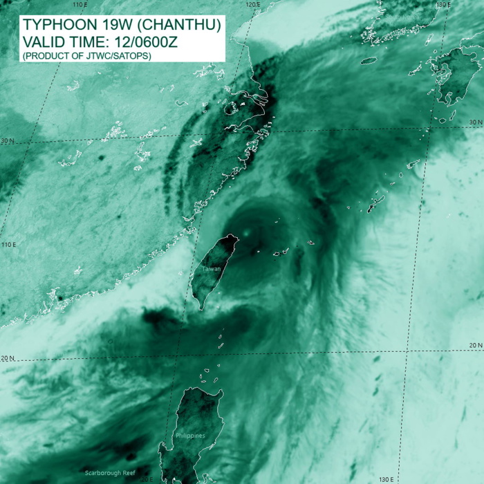 TY 19W(CHANTHU). SATELLITE ANALYSIS, INITIAL POSITION AND INTENSITY DISCUSSION: TY 19W APPEARS TO HAVE COMPLETED ANOTHER EYEWALL REPLACEMENT CYCLE (ERC) BASED ON THE SINGLE EYEWALL EVIDENT IN A PARTIAL 120650Z GMI 89GHZ MICROWAVE IMAGE. THE VISIBLE AND INFRARED EYE BY 0600Z HAD SHRUNK DOWN TO APPROXIMATELY 19-KM ONCE AGAIN. ANIMATED RADAR IMAGERY DEPICTED A SMALL CORE OF INTENSE CONVECTION AND A WELL DEFINED EYE. HOWEVER, BY THE 0600Z HOUR, INFRARED IMAGERY REVEALED WEAKENING CONVECTION AS EVIDENCED BY WARMING CLOUD TOP TEMPERATURES AND THE RADAR EYE WAS SHOWING SIGNS OF BECOMING INCREASINGLY RAGGED. THE CENTER OF TY 19W HAD TRACKED IN A SHALLOW ARC TO THE EAST BETWEEN 0000Z AND 0600Z, HOWEVER THE TRACK MADE GOOD OVER THAT TIME WAS DUE NORTH FROM THE PREVIOUS POSITION. THE INITIAL POSITION WAS ASSESSED WITH HIGH CONFIDENCE BASED ON THE MSI AND RADAR DATA. THE INITIAL INTENSITY WAS ASSESSED WITH MEDIUM CONFIDENCE BASED ON THE PGTW AND KNES CURRENT INTENSITY ESTIMATES BETWEEN 5.5-6.0 AND THE ADT ESTIMATE. RJTD DATA-T NUMBERS ARE 5.5 (102 KTS), WHILE THE CURRENT INTENSITY REMAINS HELD CONSERVATIVELY HIGH AT 6.5 (127 KTS). THE SYSTEM IS MOVING NORTHWARD THROUGH A GENERALLY FAVORABLE ENVIRONMENT WITH LOW VERTICAL WIND SHEAR AND ROBUST POLEWARD AND EQUATORWARD OUTFLOW CHANNELS. WHILE SSTS REMAIN WARM (28-29C), THE SYSTEM IS CURRENTLY MOVING INTO AN EDDY OF LOW OHC WATERS NORTHEAST OF TAIWAN. TY 19W(CHANTHU). SATELLITE ANALYSIS, INITIAL POSITION AND INTENSITY DISCUSSION: TY 19W APPEARS TO HAVE COMPLETED ANOTHER EYEWALL REPLACEMENT CYCLE (ERC) BASED ON THE SINGLE EYEWALL EVIDENT IN A PARTIAL 120650Z GMI 89GHZ MICROWAVE IMAGE. THE VISIBLE AND INFRARED EYE BY 0600Z HAD SHRUNK DOWN TO APPROXIMATELY 19-KM ONCE AGAIN. ANIMATED RADAR IMAGERY DEPICTED A SMALL CORE OF INTENSE CONVECTION AND A WELL DEFINED EYE. HOWEVER, BY THE 0600Z HOUR, INFRARED IMAGERY REVEALED WEAKENING CONVECTION AS EVIDENCED BY WARMING CLOUD TOP TEMPERATURES AND THE RADAR EYE WAS SHOWING SIGNS OF BECOMING INCREASINGLY RAGGED. THE CENTER OF TY 19W HAD TRACKED IN A SHALLOW ARC TO THE EAST BETWEEN 0000Z AND 0600Z, HOWEVER THE TRACK MADE GOOD OVER THAT TIME WAS DUE NORTH FROM THE PREVIOUS POSITION. THE INITIAL POSITION WAS ASSESSED WITH HIGH CONFIDENCE BASED ON THE MSI AND RADAR DATA. THE INITIAL INTENSITY WAS ASSESSED WITH MEDIUM CONFIDENCE BASED ON THE PGTW AND KNES CURRENT INTENSITY ESTIMATES BETWEEN 5.5-6.0 AND THE ADT ESTIMATE. RJTD DATA-T NUMBERS ARE 5.5 (102 KTS), WHILE THE CURRENT INTENSITY REMAINS HELD CONSERVATIVELY HIGH AT 6.5 (127 KTS). THE SYSTEM IS MOVING NORTHWARD THROUGH A GENERALLY FAVORABLE ENVIRONMENT WITH LOW VERTICAL WIND SHEAR AND ROBUST POLEWARD AND EQUATORWARD OUTFLOW CHANNELS. WHILE SSTS REMAIN WARM (28-29C), THE SYSTEM IS CURRENTLY MOVING INTO AN EDDY OF LOW OHC WATERS NORTHEAST OF TAIWAN.