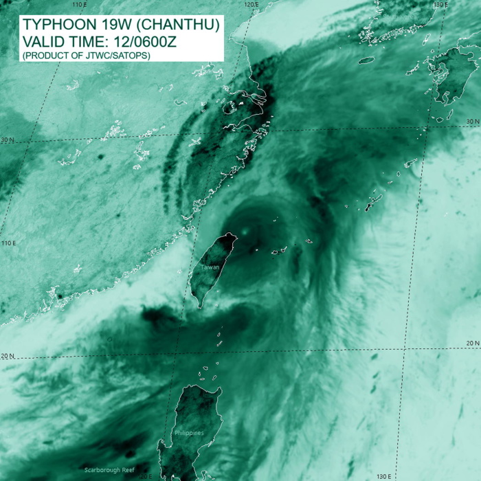 TY 19W(CHANTHU). SATELLITE ANALYSIS, INITIAL POSITION AND INTENSITY DISCUSSION: TY 19W APPEARS TO HAVE COMPLETED ANOTHER EYEWALL REPLACEMENT CYCLE (ERC) BASED ON THE SINGLE EYEWALL EVIDENT IN A PARTIAL 120650Z GMI 89GHZ MICROWAVE IMAGE. THE VISIBLE AND INFRARED EYE BY 0600Z HAD SHRUNK DOWN TO APPROXIMATELY 19-KM ONCE AGAIN. ANIMATED RADAR IMAGERY DEPICTED A SMALL CORE OF INTENSE CONVECTION AND A WELL DEFINED EYE. HOWEVER, BY THE 0600Z HOUR, INFRARED IMAGERY REVEALED WEAKENING CONVECTION AS EVIDENCED BY WARMING CLOUD TOP TEMPERATURES AND THE RADAR EYE WAS SHOWING SIGNS OF BECOMING INCREASINGLY RAGGED. THE CENTER OF TY 19W HAD TRACKED IN A SHALLOW ARC TO THE EAST BETWEEN 0000Z AND 0600Z, HOWEVER THE TRACK MADE GOOD OVER THAT TIME WAS DUE NORTH FROM THE PREVIOUS POSITION. THE INITIAL POSITION WAS ASSESSED WITH HIGH CONFIDENCE BASED ON THE MSI AND RADAR DATA. THE INITIAL INTENSITY WAS ASSESSED WITH MEDIUM CONFIDENCE BASED ON THE PGTW AND KNES CURRENT INTENSITY ESTIMATES BETWEEN 5.5-6.0 AND THE ADT ESTIMATE. RJTD DATA-T NUMBERS ARE 5.5 (102 KTS), WHILE THE CURRENT INTENSITY REMAINS HELD CONSERVATIVELY HIGH AT 6.5 (127 KTS). THE SYSTEM IS MOVING NORTHWARD THROUGH A GENERALLY FAVORABLE ENVIRONMENT WITH LOW VERTICAL WIND SHEAR AND ROBUST POLEWARD AND EQUATORWARD OUTFLOW CHANNELS. WHILE SSTS REMAIN WARM (28-29C), THE SYSTEM IS CURRENTLY MOVING INTO AN EDDY OF LOW OHC WATERS NORTHEAST OF TAIWAN.