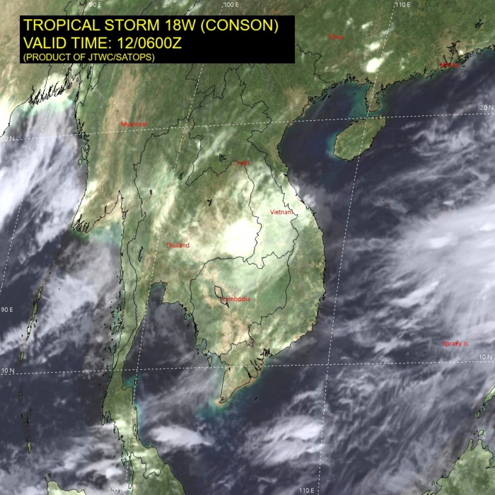 TD 18W(CONSON).SATELLITE ANALYSIS, INITIAL POSITION AND INTENSITY DISCUSSION: ANIMATED MULTISPECTRAL SATELLITE IMAGERY (MSI) DEPICTS A FULLY EXPOSED  LOW LEVEL CIRCULATION CENTER (LLCC) WITH WELL DEFINED LOW LEVEL CLOUD BANDS WRAPPING INTO A CLEAR CENTER. ANIMATED RADAR IMAGERY PROVIDES ADDITIONAL SUPPORT AND LENT HIGH CONFIDENCE TO THE INITIAL POSITION. THE SYSTEM HAS REMAINED STATIONARY OVER THE PAST SIX HOURS, WITH ONLY VERY SLIGHT MOVEMENTS TOWARDS THE EAST. THE INITIAL INTENSITY OF 30 KNOTS IS ASSESSED WITH HIGH CONFIDENCE BASED ON PGTW CURRENT INTENSITY ESTIMATES OF 30 KNOTS, SUPPORTED BY A 120254Z ASCAT PASS WHICH SHOWED A SMATTERING OF 30 KNOT WINDS BOTH SOUTH AND NORTH OF THE LLCC. WHILE THE ADT CURRENT INTENSITY IS ASSESSED AT 41 KNOTS, THE RAW DATA T-NUMBER IS ONLY 1.5 (25 KNOTS) AND MORE SUPPORTIVE OF THE TRUE INTENSITY. ENVIRONMENTAL CONDITIONS ARE MARGINALLY UNFAVORABLE WITH HIGH (25-30 KTS) VWS OFFSETTING WEAK DIVERGENT OUTFLOW ALOFT AND WARM SSTS. TD 18W(CONSON).SATELLITE ANALYSIS, INITIAL POSITION AND INTENSITY DISCUSSION: ANIMATED MULTISPECTRAL SATELLITE IMAGERY (MSI) DEPICTS A FULLY EXPOSED  LOW LEVEL CIRCULATION CENTER (LLCC) WITH WELL DEFINED LOW LEVEL CLOUD BANDS WRAPPING INTO A CLEAR CENTER. ANIMATED RADAR IMAGERY PROVIDES ADDITIONAL SUPPORT AND LENT HIGH CONFIDENCE TO THE INITIAL POSITION. THE SYSTEM HAS REMAINED STATIONARY OVER THE PAST SIX HOURS, WITH ONLY VERY SLIGHT MOVEMENTS TOWARDS THE EAST. THE INITIAL INTENSITY OF 30 KNOTS IS ASSESSED WITH HIGH CONFIDENCE BASED ON PGTW CURRENT INTENSITY ESTIMATES OF 30 KNOTS, SUPPORTED BY A 120254Z ASCAT PASS WHICH SHOWED A SMATTERING OF 30 KNOT WINDS BOTH SOUTH AND NORTH OF THE LLCC. WHILE THE ADT CURRENT INTENSITY IS ASSESSED AT 41 KNOTS, THE RAW DATA T-NUMBER IS ONLY 1.5 (25 KNOTS) AND MORE SUPPORTIVE OF THE TRUE INTENSITY. ENVIRONMENTAL CONDITIONS ARE MARGINALLY UNFAVORABLE WITH HIGH (25-30 KTS) VWS OFFSETTING WEAK DIVERGENT OUTFLOW ALOFT AND WARM SSTS.