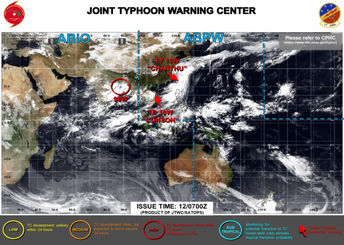 JTWC ARE ISSUING 6HOURLY WARNINGS AND 3HOURLY SATELLITE BULLETINS ON 18W AND 19W. 95B WAS UP-GRADED TO HIGH AT 12/07UTC. JTWC ARE ISSUING 6HOURLY WARNINGS AND 3HOURLY SATELLITE BULLETINS ON 18W AND 19W. 95B WAS UP-GRADED TO HIGH AT 12/07UTC.
