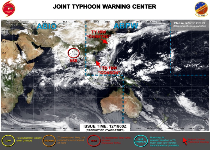Western Pacific: 19W(CHANTHU) CAT 2 weakening gradually,18W(CONSON): final warning// Invest 95B: intensity near 35knots, 12/21utc updates