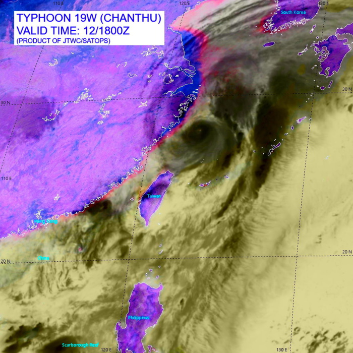 TY 19W(CHANTHU).SATELLITE ANALYSIS, INITIAL POSITION AND INTENSITY DISCUSSION: ANIMATED ENHANCED INFRARED (EIR) SATELLITE IMAGERY SHOWS THAT TY 19W HAS UNDERGONE SIGNIFICANT WEAKENING OVER THE PAST SIX HOURS, WITH CONVECTIVE CLOUD TOPS WARMING SIGNIFICANTLY AND THE EYE COOLING AND FILLING. HIGH RESOLUTION MODELING INDICATES DRY, DESCENDING AIR IS BEING ENTRAINED INTO THE SOUTHWESTERN SIDE OF THE SYSTEM. ADDITIONALLY, CIMSS SHEAR ANALYSIS REVEALS MODERATE SOUTHWESTERLY SHEAR IS NOW IMPINGING ON THE SYSTEM. FINALLY, OVER THE PAST SIX HOURS THE SYSTEM HAS MOVED OVER AN EDDY OF LOW OCEAN HEAT CONTENT. THE COMBINATION OF ALL THESE FACTORS HAS LED TO THE RAPID WEAKENING. ANIMATED RADAR IMAGERY DEPICTS THE DEVELOPMENT OF A MOAT OF WEAK RADAR RETURNS SURROUNDING A COMPACT CORE OF CONVECTION WHICH IS WRAPPING INTO THE ILL-DEFINED LOW LEVEL CIRCULATION CENTER (LLCC). THE INITIAL POSITION IS ASSESSED WITH HIGH CONFIDENCE BASED ON RJTD RADAR FIXES AND THE 19-KM RAGGED EYE IN THE EIR. THE INITIAL INTENSITY IS ASSESSED AT 95 KNOTS/CAT 2 WITH MEDIUM CONFIDENCE BASED ON A BLEND OF THE AGENCY CURRENT INTENSITY ESTIMATES BETWEEN 5.0-5.5. AGENCY DATA-T NUMBERS ARE MUCH LOWER, IN THE T4.5 (77 KTS) RANGE, WHILE THE ADT AND SATCON APPEAR UNREASONABLY HIGH BASED ON THE RAPIDLY DETERIORATING STRUCTURE. A 121106Z ASCAT-B PASS PROVIDED SOLID DATA TO DRAMATICALLY REDUCE THE SIZE OF THE WIND FIELD. ANALYSIS REVEALS AN INCREASINGLY MARGINAL ENVIRONMENT WITH INCREASING SOUTHWESTERLY SHEAR, DECREASING SSTS AND STEADILY DECREASING OUTFLOW ALOFT.