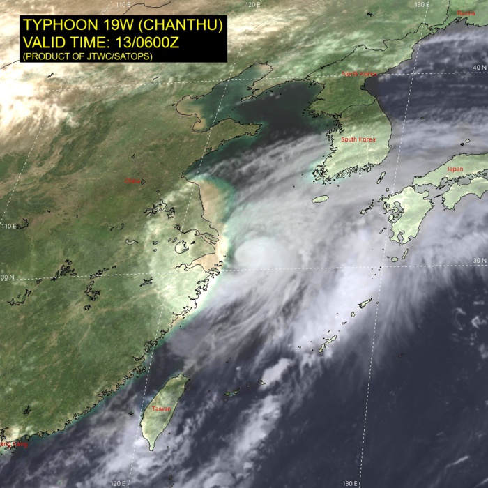 TY 19W(CHANTHU).  SATELLITE ANALYSIS, INITIAL POSITION AND INTENSITY DISCUSSION: TY 19W CONTINUES TO RAPIDLY WEAKEN AS IT TRACKS NORTHWARD TO THE EAST OF SHANGHAI. ANIMATED MULTISPECTRAL SATELLITE IMAGERY (MSI) DEPICTS A COMPACT CORE OF MODERATE CONVECTIVE ACTIVITY SURROUNDED BY A MOAT OF WEAK CONVECTION AND SPIRAL BANDS OF WEAK CONVECTION AROUND THE PERIPHERY OF THE SYSTEM. A 130455Z AMSR2 89GHZ MICROWAVE IMAGE SHOWED MODERATE CONVECTION ON THE NORTHERN HEMISPHERE OF THE LOW LEVEL CIRCULATION CENTER, WITH MINIMAL CONVECTION TO THE SOUTH. THE INITIAL POSITION IS ASSESSED WITH HIGH CONFIDENCE BASED ON AN EXTRAPOLATION OF THE WEAK LLCC EVIDENT IN THE AMSR2 IMAGERY SUPPORTED BY ANALYSIS OF ANIMATED RADAR DATA. THE INITIAL INTENSITY IS ASSESSED WITH HIGH CONFIDENCE AT 75 KNOTS/CAT 1, HEDGED BELOW THE AGENCY CURRENT INTENSITY ESTIMATES OF 90 KNOTS IN LIGHT OF THE MUCH LOWER DATA-T NUMBERS RANGING BETWEEN T4.0-4.5 (65-75 KTS). ADDITIONALLY, THE AMSR2 WINDSPEED PRODUCT INDICATED MAXIMUM WINDS OF 75 KNOTS. TY 19W IS MOVING THROUGH A MARGINALLY FAVORABLE ENVIRONMENT WITH MODERATE TO STRONG (20-25 KTS) VERTICAL WIND SHEAR OFFSET BY ROBUST POLEWARD OUTFLOW. SSTS HAVE COOLED TO 27C BUT STILL REMAIN WARM ENOUGH TO SUSTAIN THE TROPICAL CYCLONE.