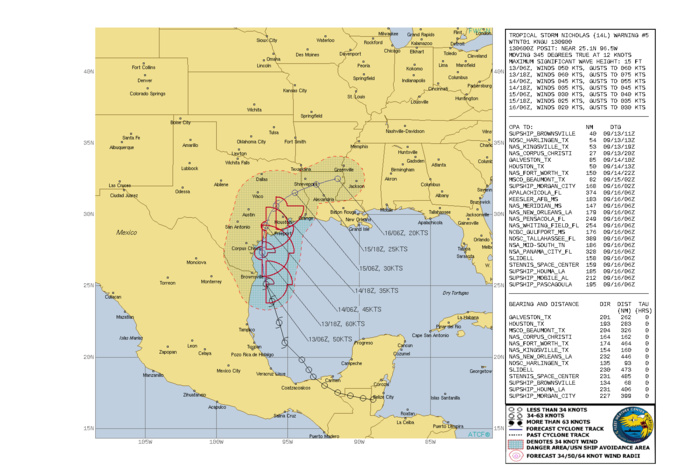 ATLANTIC. TS 14L(NICHOLAS). WARNING 5 ISSUED AT 13/09UTC. CURRENT INTENSITY IS 50KNOTS ANS IS FORECAST TO PEAK AT 60KNOTS BY 13/18UTC.