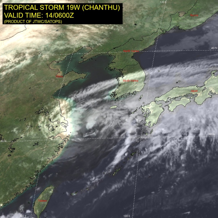 TS 19W(CHANTHU).SATELLITE ANALYSIS, INITIAL POSITION AND INTENSITY DISCUSSION: ANIMATED MULTISPECTRAL SATELLITE IMAGERY (MSI) DEPICTS A PARTIALLY EXPOSED LOW LEVEL CIRCULATION CENTER (LLCC), WITH THE REMAINING ASSOCIATED CONVECTION REMAINING TO THE NORTH AND WEST. THE INITIAL POSITION IS PLACED WITH HIGH CONFIDENCE BASED ON THE LLCC SEEN IN MSI. THE INITIAL INTENSITY OF 45 KNOTS IS ASSESSED WITH MEDIUM CONFIDENCE BASED ON A 140230Z METOP-B ASCAT PASS WHICH SHOWS PEAK WIND BARBS OF 40 KNOTS. THE OVERALL MARGINALLY UNFAVORABLE CONDITIONS, ARE DUE TO THE  LOW OCEAN HEAT CONTENT AND MEDIUM TO STRONG VERTICAL WIND SHEAR WHICH ARE OFFSET BY THE STRONG UPPER LEVEL DIVERGENCE DISPLACED TO THE EAST OF THE LLCC.
