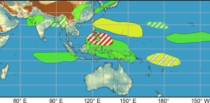 Dynamical models show a general potential for tropical cyclone development over the West Pacific basin in the vicinity of the Philippines, but the Joint Typhoon Warning Center is not currently monitoring any specific invest areas.NOAA.