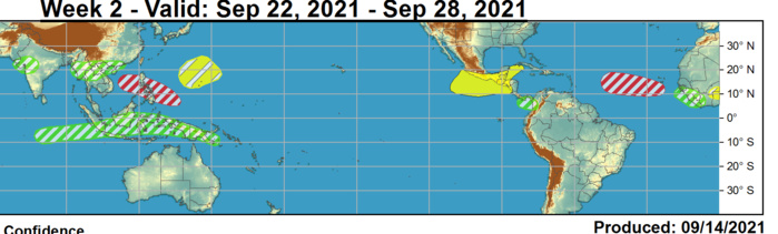 During Week-1, a tropical wave emerging off the western coast of Africa has a 90 percent chance of development according to the latest tropical weather outlook from the National Hurricane Center (NHC). Additionally, low pressure is anticipated to form north of the Bahamas during Week-1, with a 60 percent chance of formation through the next five days. This potential system will most likely remain offshore, but may bring some impacts to the coastal Carolinas as it tracks generally northward. Late in Week-1 or early Week-2 period, a second tropical wave is forecast to emerge from Africa and has a moderate potential for development. NOAA.