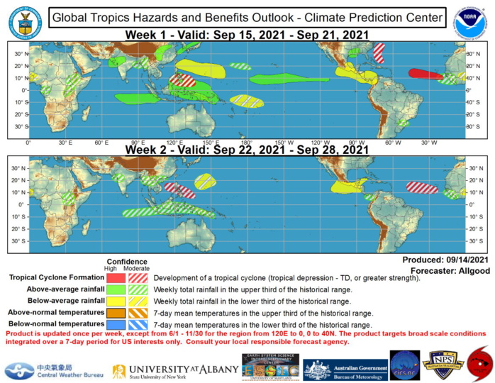 The precipitation outlook during the next two weeks is based on a consensus of GEFS, CFS, and ECMWF guidance, anticipated TC tracks including long-lived Typhoon Chanthu which is forecast to pass near South Korea and western Japan as a tropical storm over the next few days, and precipitation composites of past Indian Ocean and Maritime Continent MJO events for Week-1. The strongest precipitation signals favor enhanced (suppressed) convection across the equatorial Maritime Continent (vicinity of Central America) during both Week-1 and Week-2. Model solutions for precipitation diverge considerably during Week-2. For hazardous weather concerns during the next two weeks across the U.S., please refer to your local NWS Forecast Office, the Weather Prediction Center's Medium Range Hazards Forecast, and CPC's Week-2 Hazards Outlook. Forecasts over Africa are made in consultation with the International Desk at CPC and can represent local-scale conditions in addition to global scale variability.NOAA.