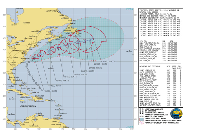 ATLANTIC. TS 15L(ODETTE). WARNING 2 ISSUED AT 18/03UTC. CURRENT INTENSITY IS 35KNOTS AND IS FORECAST TO PEAK AT 55KNOTS BY 20/00UTC.