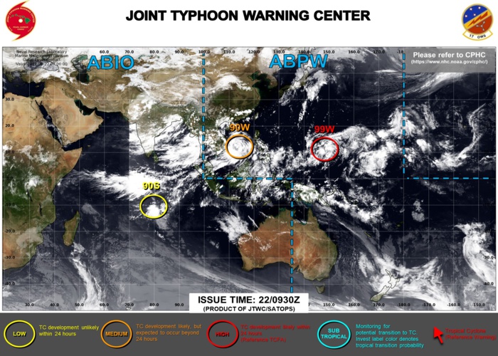 Western Pacific: 99W is High, 90W up-graded to Medium//South Indian: 90S down-graded to Low//Atlantic: still active with 16L,17L and 98L, 22/09utc updates