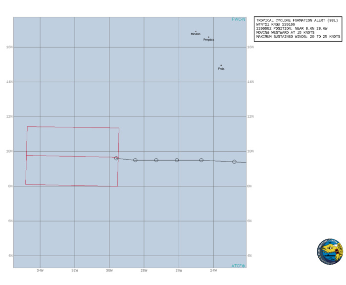 INVEST 98L. TROPICAL CYCLONE FORMATION ALERT ISSUED AT 22/01UTC.FORMATION OF A SIGNIFICANT TROPICAL CYCLONE IS POSSIBLE  WITHIN 185 KM EITHER SIDE OF A LINE FROM 9.7N 29.5W TO 9.8N 34.8W  WITHIN THE NEXT 24 HOURS. AVAILABLE DATA DOES NOT JUSTIFY  ISSUANCE OF NUMBERED TROPICAL CYCLONE WARNINGS AT THIS TIME. WINDS  IN THE AREA ARE ESTIMATED TO BE 20 TO 25 KNOTS. METSAT IMAGERY,  SYNOPTIC DATA AND RADAR DATA AT 212330Z INDICATE THAT A CIRCULATION  CENTER IS LOCATED NEAR 9.7N 29.5W. THE SYSTEM IS MOVING WESTWARD AT  28 KM/H. 2. SHOWERS AND THUNDERSTORMS ASSOCIATED WITH A TROPICAL WAVE LOCATED SEVERAL HUNDRED MILES SOUTHWEST OF THE CABO VERDE ISLANDS HAVE  INCREASED SINCE THIS MORNING AND ARE BEGINNING TO SHOW SIGNS OF  ORGANIZATION. RECENT SATELLITE WIND DATA ALSO INDICATE THAT A BROAD  AREA OF LOW PRESSURE HAS FORMED, BUT THE SYSTEM LACKS A WELL-DEFINED CENTER. ENVIRONMENTAL CONDITIONS ARE EXPECTED TO REMAIN CONDUCIVE  FOR ADDITIONAL DEVELOPMENT, AND A TROPICAL DEPRESSION IS LIKELY TO  FORM WITHIN THE NEXT DAY OR TWO WHILE THE SYSTEM MOVES WESTWARD AT  10 TO 15 MPH ACROSS THE EASTERN AND CENTRAL TROPICAL ATLANTIC OCEAN. INVEST 98L. TROPICAL CYCLONE FORMATION ALERT ISSUED AT 22/01UTC.FORMATION OF A SIGNIFICANT TROPICAL CYCLONE IS POSSIBLE  WITHIN 185 KM EITHER SIDE OF A LINE FROM 9.7N 29.5W TO 9.8N 34.8W  WITHIN THE NEXT 24 HOURS. AVAILABLE DATA DOES NOT JUSTIFY  ISSUANCE OF NUMBERED TROPICAL CYCLONE WARNINGS AT THIS TIME. WINDS  IN THE AREA ARE ESTIMATED TO BE 20 TO 25 KNOTS. METSAT IMAGERY,  SYNOPTIC DATA AND RADAR DATA AT 212330Z INDICATE THAT A CIRCULATION  CENTER IS LOCATED NEAR 9.7N 29.5W. THE SYSTEM IS MOVING WESTWARD AT  28 KM/H. 2. SHOWERS AND THUNDERSTORMS ASSOCIATED WITH A TROPICAL WAVE LOCATED SEVERAL HUNDRED MILES SOUTHWEST OF THE CABO VERDE ISLANDS HAVE  INCREASED SINCE THIS MORNING AND ARE BEGINNING TO SHOW SIGNS OF  ORGANIZATION. RECENT SATELLITE WIND DATA ALSO INDICATE THAT A BROAD  AREA OF LOW PRESSURE HAS FORMED, BUT THE SYSTEM LACKS A WELL-DEFINED CENTER. ENVIRONMENTAL CONDITIONS ARE EXPECTED TO REMAIN CONDUCIVE  FOR ADDITIONAL DEVELOPMENT, AND A TROPICAL DEPRESSION IS LIKELY TO  FORM WITHIN THE NEXT DAY OR TWO WHILE THE SYSTEM MOVES WESTWARD AT  10 TO 15 MPH ACROSS THE EASTERN AND CENTRAL TROPICAL ATLANTIC OCEAN.