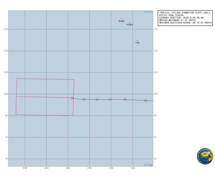 INVEST 98L. TROPICAL CYCLONE FORMATION ALERT ISSUED AT 22/01UTC.FORMATION OF A SIGNIFICANT TROPICAL CYCLONE IS POSSIBLE  WITHIN 185 KM EITHER SIDE OF A LINE FROM 9.7N 29.5W TO 9.8N 34.8W  WITHIN THE NEXT 24 HOURS. AVAILABLE DATA DOES NOT JUSTIFY  ISSUANCE OF NUMBERED TROPICAL CYCLONE WARNINGS AT THIS TIME. WINDS  IN THE AREA ARE ESTIMATED TO BE 20 TO 25 KNOTS. METSAT IMAGERY,  SYNOPTIC DATA AND RADAR DATA AT 212330Z INDICATE THAT A CIRCULATION  CENTER IS LOCATED NEAR 9.7N 29.5W. THE SYSTEM IS MOVING WESTWARD AT  28 KM/H. 2. SHOWERS AND THUNDERSTORMS ASSOCIATED WITH A TROPICAL WAVE LOCATED SEVERAL HUNDRED MILES SOUTHWEST OF THE CABO VERDE ISLANDS HAVE  INCREASED SINCE THIS MORNING AND ARE BEGINNING TO SHOW SIGNS OF  ORGANIZATION. RECENT SATELLITE WIND DATA ALSO INDICATE THAT A BROAD  AREA OF LOW PRESSURE HAS FORMED, BUT THE SYSTEM LACKS A WELL-DEFINED CENTER. ENVIRONMENTAL CONDITIONS ARE EXPECTED TO REMAIN CONDUCIVE  FOR ADDITIONAL DEVELOPMENT, AND A TROPICAL DEPRESSION IS LIKELY TO  FORM WITHIN THE NEXT DAY OR TWO WHILE THE SYSTEM MOVES WESTWARD AT  10 TO 15 MPH ACROSS THE EASTERN AND CENTRAL TROPICAL ATLANTIC OCEAN.