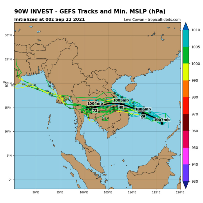 THE AREA OF CONVECTION (INVEST 90W) PREVIOUSLY LOCATED  NEAR 12.3N 115.6E IS NOW LOCATED NEAR 12.4N 114.4E, APPROXIMATELY  550 KM WEST-NORTHWEST OF PUERTO PRINCESA, PHILIPPINES. ANIMATED  MULTI SPECTRAL IMAGERY DEPICTS A BROAD CIRCULATION WHICH HAS STARTED  TO CONSOLIDATE WITH DEVELOPING CONVECTION AROUND THE ASSESSED LOW  LEVEL CIRCULATION CENTER (LLCC). A RECENT SCATTEROMETER PASS  INDICATED A DISCREET LLCC WITH 20 KNOT WINDS IN ALL QUADRANTS, AND  HIGHER WINDS IN A BAND TO THE SOUTH. RECENT TRENDS FROM A SHIP  TRANSITING JUST EAST OF THE LLCC INDICATES WINDS SHIFTING FROM WEST- NORTHWEST TO EAST-NORTHEAST BETWEEN 15-20 KNOTS, AND A PRESSURE  READING OF 1004.2 MB, INDICATING A CLOSE PASSAGE TO THE CENTER AND A  LOWER PRESSURE THAN MODELS SUGGESTED. ENVIRONMENTAL ANALYSIS  INDICATES A FAVORABLE ENVIRONMENT FOR DEVELOPMENT WITH STRONG  EQUATORWARD OUTFLOW ALOFT ACCOMPANIED BY LOW (5-10 KT) VERTICAL WIND  SHEAR (VWS) AND WARM (29-30C) SEA SURFACE TEMPERATURES (SST).  GLOBAL MODELS ARE STILL IN AGREEMENT THAT 90W WILL TRACK WEST-NORTHWESTWARD  TOWARDS VIETNAM AS IT STEADILY CONSOLIDATES. GFS, ECMWF AND NAVGEM  ALL AGREE ON THE SYSTEM CONSOLIDATING AND STRENGTHENING TO NEAR  TROPICAL DEPRESSION STRENGTH OVER THE NEXT 48 HOURS WITH THE GFS  ENSEMBLE INDICATING SLIGHTLY HIGHER LEVEL OF DEVELOPMENT IN THE  SOUTH CHINA SEA.  MAXIMUM SUSTAINED SURFACE WINDS ARE ESTIMATED AT  15 TO 20 KNOTS. MINIMUM SEA LEVEL PRESSURE IS ESTIMATED TO BE NEAR  1004 MB. THE POTENTIAL FOR THE DEVELOPMENT OF A SIGNIFICANT TROPICAL  CYCLONE WITHIN THE NEXT 24 HOURS IS UPGRADED TO MEDIUM.