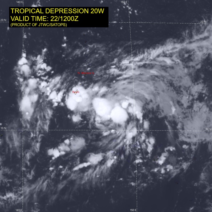 SATELLITE ANALYSIS, INITIAL POSITION AND INTENSITY DISCUSSION: ANIMATED ENHANCED INFRARED (EIR) SATELLITE IMAGERY DEPICTS A BROAD AND STILL SOMEWHAT ELONGATED, BUT QUICKLY CONSOLIDATING LOW LEVEL CIRCULATION CENTER (LLCC). AN AREA OF SYMMETRICAL DEEP CONVECTIVE ACTIVITY HAS RAPIDLY DEVELOPED OVER THE PAST SIX HOURS OVER THE ASSESSED LLCC, THOUGH AS OF YET, THERE ARE NO SIGNS IN THE EIR OF THE DEVELOPMENT OF DISTINCT BANDING FEATURES. A PARTIAL 220758Z SSMIS 89GHZ MICROWAVE IMAGE INDICATED FORMATIVE AND FRAGMENTED LOW LEVEL BANDS ABOUT 90KM OUT FROM THE CENTER, PARTICULARLY TO THE NORTHEAST. THE INITIAL POSITION IS ASSESSED TO THE NORTH OF ALL AGENCY FIXES EXCEPT RJTD, WITH LOW CONFIDENCE DUE TO THE OBSCURED LLCC IN THE EIR AND THE LACK OF RECENT MICROWAVE OR SCATTEROMETER DATA. THE INITIAL INTENSITY IS ASSESSED AT 25 KNOTS WITH MEDIUM CONFIDENCE, ON THE LOWER END OF THE PGTW AND KNES INTENSITY ESTIMATES BETWEEN T1.5-T2.0 (25-30 KNOTS). TD 20W IS IN A HIGHLY FAVORABLE ENVIRONMENT CHARACTERIZED BY VERY WARM (30-31C), HIGH OHC WATERS, AND LOW (5 KNOTS OR LESS) VWS. WHILE UPPER-LEVEL OUTFLOW IS ASSESSED AS STRONG BOTH POLEWARD AND EQUATORWARD, IT IS SOMEWHAT CONSTRAINED TO POLEWARD BY THE PRESENCE OF A SHARP, EAST-WEST ORIENTED TUTT THAT LIES ROUGHLY ALONG THE 20TH PARALLEL.