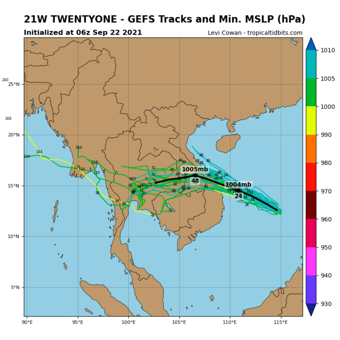 MODEL DISCUSSION: DUE TO THE RAPID DEVELOPMENT OF TD 21W, THERE IS LITTLE AVAILABLE DETERMINISTIC TRACK GUIDANCE AVAILABLE, WITH THE NAVGEM AND GFS THE ONLY AVAILABLE TRACKERS AT 1200Z. THESE TWO MODELS ARE TIGHTLY GROUPED ON A NORTHWESTWARD TRACK, MAKING LANDFALL BY 24H, HOWEVER THE NAVGEM INDICATES A LANDFALL ABOUT 140 KM FURTHER NORTH UP THE COAST THAN THE GFS. THE GFS ENSEMBLE AND ECMWF ENSEMBLE MEMBERS ALSO AGREE ON A NORTHWESTWARD TRACK, BUT SHOW A LANDFALL A BIT FURTHER NORTH, AT OR JUST SOUTH OF DA NANG. IN LIGHT OF THE LACK OF DISCREET TRACK GUIDANCE, THERE IS ONLY MEDIUM CONFIDENCE IN THE JTWC FORECAST TRACK, WHICH CLOSELY TRACKS THE GFS FORECAST. SIMILARLY, THERE IS LITTLE TO NO DISCREET INTENSITY GUIDANCE FOR THIS FORECAST, AND THE INTENSITY FORECAST IS THUS BASED SOLELY ON ENVIRONMENTAL ANALYSIS, GLOBAL MODEL FIELDS AND ENSEMBLE ESTIMATES, AND THUS THERE IS LOW CONFIDENCE IN THE JTWC INTENSITY FORECAST.