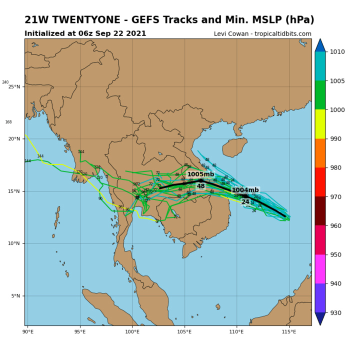 MODEL DISCUSSION: DUE TO THE RAPID DEVELOPMENT OF TD 21W, THERE IS LITTLE AVAILABLE DETERMINISTIC TRACK GUIDANCE AVAILABLE, WITH THE NAVGEM AND GFS THE ONLY AVAILABLE TRACKERS AT 1200Z. THESE TWO MODELS ARE TIGHTLY GROUPED ON A NORTHWESTWARD TRACK, MAKING LANDFALL BY 24H, HOWEVER THE NAVGEM INDICATES A LANDFALL ABOUT 140 KM FURTHER NORTH UP THE COAST THAN THE GFS. THE GFS ENSEMBLE AND ECMWF ENSEMBLE MEMBERS ALSO AGREE ON A NORTHWESTWARD TRACK, BUT SHOW A LANDFALL A BIT FURTHER NORTH, AT OR JUST SOUTH OF DA NANG. IN LIGHT OF THE LACK OF DISCREET TRACK GUIDANCE, THERE IS ONLY MEDIUM CONFIDENCE IN THE JTWC FORECAST TRACK, WHICH CLOSELY TRACKS THE GFS FORECAST. SIMILARLY, THERE IS LITTLE TO NO DISCREET INTENSITY GUIDANCE FOR THIS FORECAST, AND THE INTENSITY FORECAST IS THUS BASED SOLELY ON ENVIRONMENTAL ANALYSIS, GLOBAL MODEL FIELDS AND ENSEMBLE ESTIMATES, AND THUS THERE IS LOW CONFIDENCE IN THE JTWC INTENSITY FORECAST. MODEL DISCUSSION: DUE TO THE RAPID DEVELOPMENT OF TD 21W, THERE IS LITTLE AVAILABLE DETERMINISTIC TRACK GUIDANCE AVAILABLE, WITH THE NAVGEM AND GFS THE ONLY AVAILABLE TRACKERS AT 1200Z. THESE TWO MODELS ARE TIGHTLY GROUPED ON A NORTHWESTWARD TRACK, MAKING LANDFALL BY 24H, HOWEVER THE NAVGEM INDICATES A LANDFALL ABOUT 140 KM FURTHER NORTH UP THE COAST THAN THE GFS. THE GFS ENSEMBLE AND ECMWF ENSEMBLE MEMBERS ALSO AGREE ON A NORTHWESTWARD TRACK, BUT SHOW A LANDFALL A BIT FURTHER NORTH, AT OR JUST SOUTH OF DA NANG. IN LIGHT OF THE LACK OF DISCREET TRACK GUIDANCE, THERE IS ONLY MEDIUM CONFIDENCE IN THE JTWC FORECAST TRACK, WHICH CLOSELY TRACKS THE GFS FORECAST. SIMILARLY, THERE IS LITTLE TO NO DISCREET INTENSITY GUIDANCE FOR THIS FORECAST, AND THE INTENSITY FORECAST IS THUS BASED SOLELY ON ENVIRONMENTAL ANALYSIS, GLOBAL MODEL FIELDS AND ENSEMBLE ESTIMATES, AND THUS THERE IS LOW CONFIDENCE IN THE JTWC INTENSITY FORECAST.