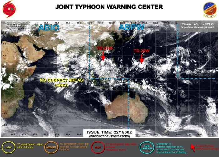 JTWC IS ISSUING 6HOURLY WARNINGS AND 3HOURLY SATELLITE BULLETINS ON 20W AND 21W.