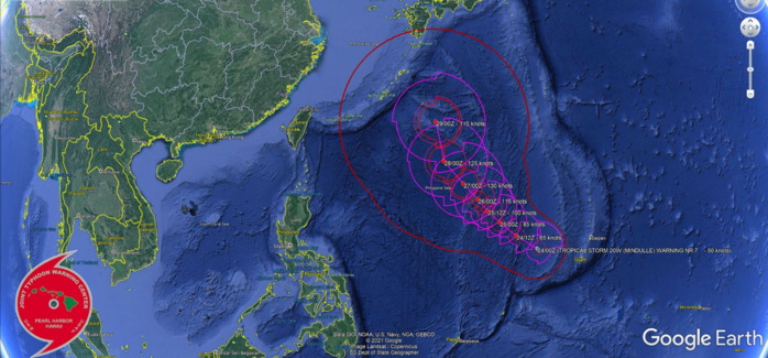 SIGNIFICANT FORECAST CHANGES: THERE ARE NO SIGNIFICANT CHANGES TO THE FORECAST FROM THE PREVIOUS WARNING.  FORECAST DISCUSSION: TD 20W WILL GENERALLY CONTINUE ON ITS CURRENT TRACK UNDER THE SUBTROPICAL RIDGE(STR) UP TO 96H; AFTERWARD, THE SYSTEM WILL TURN MORE NORTHWARD AS IT BEGINS TO ROUND THE WESTERN EDGE OF THE STR. THE FAVORABLE ENVIRONMENT WILL FUEL GRADUAL THEN RAPID INTENSIFICATION TO A PEAK OF 130KNOTS/CAT 4 BY 72H AS INCREASED POLEWARD OUTFLOW IS ANTICIPATED IN CONJUNCTION WITH INITIAL EXPOSURE TO THE STRONG WESTERLIES AHEAD OF A MIDLATITUDE TROUGH. AFTERWARD, INCREASING VERTICAL WIND SHEAR WILL BEGIN TO WEAKEN THE SYSTEM, DOWN TO 115KNOTS/CAT 4 BY 120H.