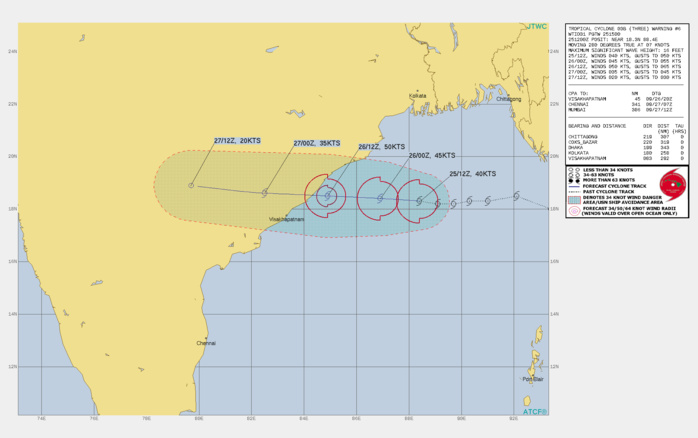 SIGNIFICANT FORECAST CHANGES: THERE ARE NO SIGNIFICANT CHANGES TO THE FORECAST FROM THE PREVIOUS WARNING.  FORECAST DISCUSSION: TROPICAL CYCLONE 03B IS FORECAST TO CONTINUE TRACKING WESTWARD THROUGH THE DURATION OF THE FORECAST PERIOD, ALONG THE SOUTHERN PERIPHERY OF THE EXTENSION OF THE DEEP SUBTROPICAL RIDGE TO THE NORTH. THE SYSTEM IS EXPECTED TO MAKE LANDFALL ALONG THE INDIAN COASTLINE NORTH OF VISHAKHAPATNAM AROUND 30H. WHILE AN UPPER-LEVEL CYCLONE OVER MYANMAR CONTINUES TO RUN INTERFERENCE FOR THE SYSTEM, BLOCKING THE STRONGEST OF THE NORTHEASTERLY FLOW ALOFT, THE SYSTEM IS STILL HAVING TO BATTLE SOME LOW TO MODERATE VERTICAL WIND SHEAR. CURRENTLY, THE MODERATELY STRONG DIVERGENT OUTFLOW TO THE WEST IS OFFSETTING THE SHEAR, AND THIS GENERAL PATTERN IS EXPECTED TO CONTINUE FOR THE NEXT 24 HOURS OR SO. THIS WILL ALLOW FOR SLOW BUT STEADY INTENSIFICATION TO A PEAK OF 50 KNOTS BY LANDFALL. ONCE ASHORE, THE SYSTEM WILL RAPIDLY DISSIPATE OVER THE RUGGED TERRAIN TO THE NORTHWEST OF VISHAKHAPATNAM.
