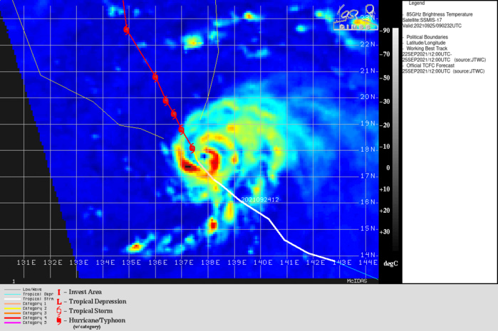 SATELLITE ANALYSIS, INITIAL POSITION AND INTENSITY DISCUSSION: TYPHOON 20W HAS UNDERGONE A SHORT PERIOD OF RAPID INTENSIFICATION OVER THE PAST SIX HOURS, WITH THE APPEARANCE OF A WELL DEFINED BUT VERY SMALL EYE IN THE EIR IMAGERY. HOWEVER, SUBSEQUENT ANIMATED ENHANCED INFRARED (EIR) SATELLITE IMAGERY SHOWS THE SYSTEM STRUGGLING TO MAINTAIN THE EYE AND EYEWALL STRUCTURE, PARTICULARLY ON THE NORTHWEST SIDE, WITH THE EYE WINKING IN AND OUT. THE INITIAL POSITION IS ASSESSED WITH HIGH CONFIDENCE BASED ON THE EYE FEATURE EVIDENT AT THE 1200Z HOUR. THE INITIAL INTENSITY OF 115 KNOTS/CAT 4 IS ASSESSED WITH MEDIUM CONFIDENCE, ON THE HIGH END OF AGENCY CURRENT INTENSITY ESTIMATES FROM PGTW AND KNES. WHILE THE SATCON HAS COME UP TO A MORE REALISTIC 91 KNOTS, THE ADT STILL REFUSES TO ACKNOWLEDGE THE PRESENCE OF THE EYE, AND THUS LAGS THE REMAINDER OF THE INTENSITY ESTIMATES TO A MASSIVE DEGREE. A 250821Z SMAP FIX OF 107 KNOTS (1-MIN CONVERSION), PRIOR TO DEVELOPMENT OF A SOLID AND DEFINED EYE FEATURE, PROVIDED ADDITIONAL SUPPORT TO THE INITIAL INTENSITY. OVERALL, THE ENVIRONMENT REMAINS FAVORABLE WITH LOW VERTICAL WIND SHEAR AND STRONG POLEWARD AND EQUATORWARD OUTFLOW. THE OUTFLOW IN THE NORTHWEST SECTOR HOWEVER IS BEING IMPINGED UPON BY SOME NORTHWESTERLY FLOW ALOFT, WHICH MAY ALSO BE ENTRAINING SOME MID-LEVEL DRY AIR INTO THE WEST SIDE OF THE SYSTEM. SSTS REMAIN WARM (30C) AND OHC LEVELS HIGH FOR NOW, BUT THE SYSTEM WILL SHORTLY MOVE OVER A COLD EDDY WITH RELATIVELY LOW OHC, WHICH LIES ALONG THE FORECAST TRACK.