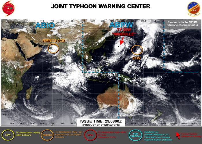 JTWC IS ISSUING 6HOURLY WARNINGS ON TY 20W. 3HOURLY SATELLITE BULLETINS ARE ISSUED ON 20W,91W AND THE REMNANTS OF TC 03B.