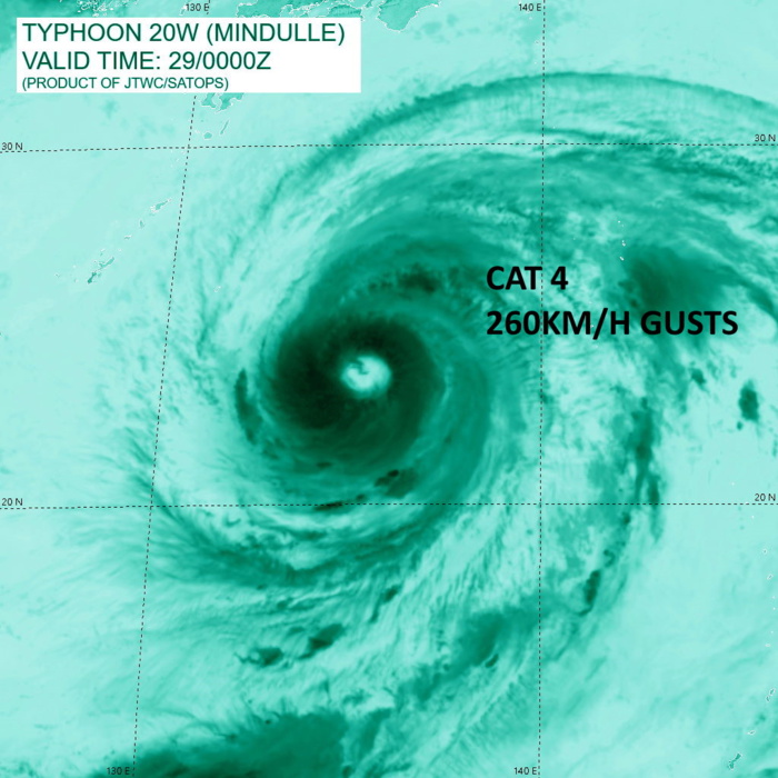 SATELLITE ANALYSIS, INITIAL POSITION AND INTENSITY DISCUSSION: ANIMATED ENHANCED INFRARED (EIR) SATELLITE IMAGERY DEPICTS DEEP CONVECTION WRAPPING AROUND A LARGE 75 KM DIAMETER EYE. THE INNER  CORE OF TY 20W HAS GRADUALLY BECOME BETTER ORGANIZED AND LESS RAGGED  OVER THE LAST 6 HOURS, WHICH IS REFLECTED IN THE HIGHER INTENSITY ASSESSMENT OF 115 KNOTS/CAT 4. THE INITIAL INTENSITY IS BASED ON DVORAK ESTIMATES OF T6.0 (PGTW AND RJTD) AND A SATCON OF 118 KNOTS. THE ENVIRONMENT HAS BEEN FAVORABLE FOR INTENSIFICATION, BUT THE EARLIER STRUGGLE OF TY 20W TO CONSOLIDATE ITS INNER CORE STRUCTURE RESULTED IN ONLY GRADUAL INTENSIFICATION. THE EYE REMAINS LARGE, SO CONSERVATION OF ANGULAR MOMENTUM IS RESTRAINING ITS CURRENT INTENSIFICATION RATE ALONGSIDE THE PRESENCE OF UPWELLING DUE TO THE SLOW FORWARD MOTION. GIVEN THE LARGE EYE, THE INITIAL POSITION IS ASSESSED WITH HIGH CONFIDENCE. THE INITIAL INTENSITY IS ASSESSED WITH MEDIUM CONFIDENCE.