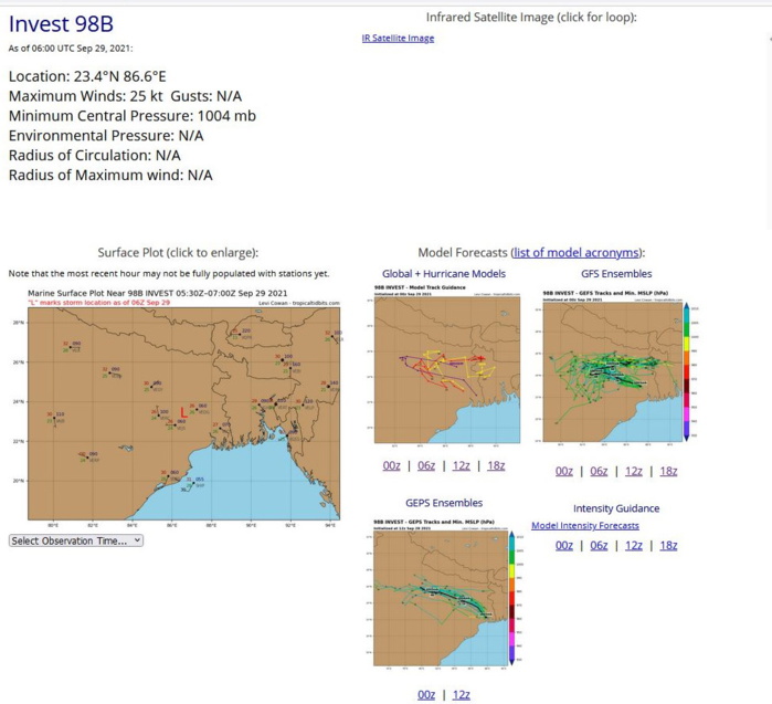 THE AREA OF CONVECTION (INVEST 98B) PREVIOUSLY LOCATED NEAR 21.8N 88.3E, IS NOW  LOCATED NEAR 22.8N 87.5E, APPROXIMATELY 540 KM WEST-NORTHWEST OF  KOLKATA. INVEST 98B HAS TRACKED OVER LAND AND IS FORECAST TO REMAIN  OVER LAND AS IT CONTINUES ON ITS NORTHWESTWARD TRAJECTORY. MAXIMUM  SUSTAINED SURFACE WINDS ARE ESTIMATED AT 20 TO 25 KNOTS. MINIMUM SEA  LEVEL PRESSURE IS ESTIMATED TO BE NEAR 1004 MB. IN VIEW OF THE  UNFAVORABLE FORECAST FOR THIS SYSTEM, IT IS NO LONGER CONSIDERED  SUSPECT FOR THE DEVELOPMENT OF A SIGNIFICANT TROPICAL CYCLONE WITHIN  THE NEXT 24 HOURS.