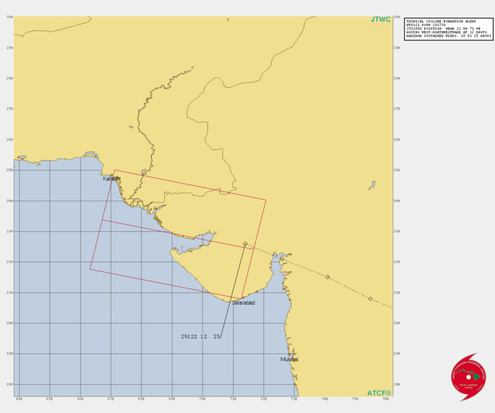 THE AREA OF CONVECTION (REMNANTS OF TC 03B) PREVIOUSLY LOCATED NEAR 22.1N 72.4E IS NOW LOCATED NEAR 22.6N 71.4E, APPROXIMATELY 190 KM NORTH OF JAFARABAD, INDIA. ANIMATED ENHANCED INFRARED (EIR) SATELLITE IMAGERY AND A 291314Z SSMIS 91GHZ SATELLITE IMAGE DEPICT FORMATIVE BAND OF DEEP CONVECTION DEVELOPING ALONG THE WESTERN PERIPHERY OF A LOW LEVEL CIRCULATION CENTER AT THE EDGE OF THE INDIAN SHORELINE. ENVIRONMENTAL ANALYSIS INDICATES AN OVERALL FAVORABLE ENVIRONMENT CHARACTERIZED BY VERY WARM (30-31C) SEA SURFACE TEMPERATURES (SST) AND AN UPPER LEVEL ANTICYCLONE THAT IS ENHANCING EQUATORWARD OUTFLOW. THE CIRCULATION ALSO IS MOVING TOWARDS AN AREA OF LOW VERTICAL WIND SHEAR (VWS). MAXIMUM SUSTAINED SURFACE WINDS ARE ESTIMATED AT 20 TO 25 KNOTS. MINIMUM SEA LEVEL PRESSURE IS ESTIMATED TO BE NEAR 1001 MB. THE POTENTIAL FOR THE DEVELOPMENT OF A SIGNIFICANT TROPICAL CYCLONE WITHIN THE NEXT 24 HOURS IS UPGRADED TO HIGH. THE AREA OF CONVECTION (REMNANTS OF TC 03B) PREVIOUSLY LOCATED NEAR 22.1N 72.4E IS NOW LOCATED NEAR 22.6N 71.4E, APPROXIMATELY 190 KM NORTH OF JAFARABAD, INDIA. ANIMATED ENHANCED INFRARED (EIR) SATELLITE IMAGERY AND A 291314Z SSMIS 91GHZ SATELLITE IMAGE DEPICT FORMATIVE BAND OF DEEP CONVECTION DEVELOPING ALONG THE WESTERN PERIPHERY OF A LOW LEVEL CIRCULATION CENTER AT THE EDGE OF THE INDIAN SHORELINE. ENVIRONMENTAL ANALYSIS INDICATES AN OVERALL FAVORABLE ENVIRONMENT CHARACTERIZED BY VERY WARM (30-31C) SEA SURFACE TEMPERATURES (SST) AND AN UPPER LEVEL ANTICYCLONE THAT IS ENHANCING EQUATORWARD OUTFLOW. THE CIRCULATION ALSO IS MOVING TOWARDS AN AREA OF LOW VERTICAL WIND SHEAR (VWS). MAXIMUM SUSTAINED SURFACE WINDS ARE ESTIMATED AT 20 TO 25 KNOTS. MINIMUM SEA LEVEL PRESSURE IS ESTIMATED TO BE NEAR 1001 MB. THE POTENTIAL FOR THE DEVELOPMENT OF A SIGNIFICANT TROPICAL CYCLONE WITHIN THE NEXT 24 HOURS IS UPGRADED TO HIGH.