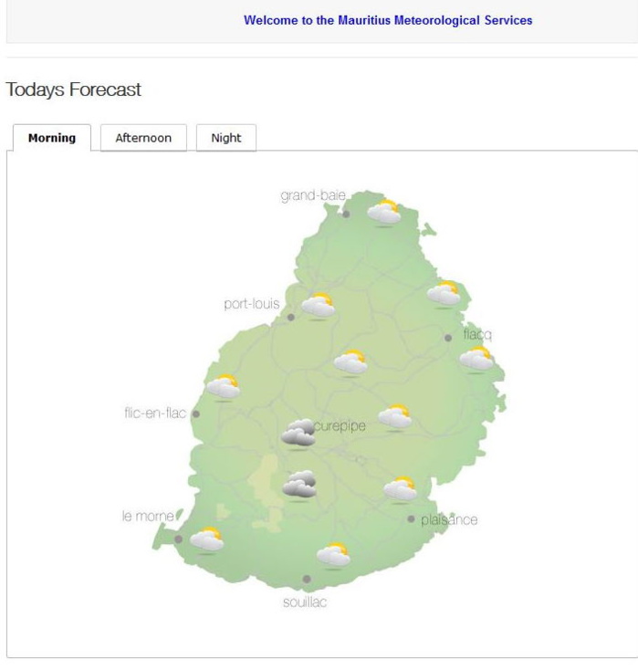 Bulletin prévision - Maurice  COMMUNIQUÉ DE LA MÉTÉO POUR MAURICE ÉMIS À 04H30 CE SAMEDI 02 OCTOBRE 2021.     SITUATION GÉNÉRALE:  Un vent modéré souffle sur notre région.     PRÉVISIONS POUR LES PROCHAINES 24 HEURES:  Beau temps ce matin et dans l'après-midi.     La température maximale variera entre 22 et 24 degrés Celsius sur le plateau central et entre 26 et 29 degrés Celsius sur le littoral.     Ciel mi-couvert à nuageux dans la soirée et durant la nuit avec quelques ondées sur les hauteurs.     La température minimale variera entre 16 et 18 degrés Celsius sur le plateau central et entre 20 et 22 degrés Celsius sur les régions côtières.     Vent de l'Est Sud Est d'environ 20 km/h avec des pointes de 50 km/h aux endroits exposés.     Mer agitée au-delà des récifs avec des houles du secteur Sud de l'ordre de 2 mètres.     Marées Hautes : 11h39 et 22h42.  Marées Basses : 17h25 et demain 05h14.     Lever du soleil       : 05h49.  Coucher du soleil : 18h08.     La pression atmosphérique à 04h00 : 1019 hectoPascals.