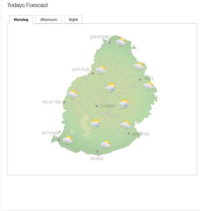 COMMUNIQUÉ DE LA MÉTÉO POUR MAURICE ÉMIS À 04H30 DIMANCHE 03 OCTOBRE 2021.  SITUATION GÉNÉRALE:   Quelques nuages dans le flux modéré de l'Est influenceront le temps local par moments.  PRÉVISIONS POUR LES PROCHAINES 24 HEURES:   Mi-couvert en général ce matin et au cours de la journée, devenant quelquefois nuageux sur les terrains élevés et les versants Est avec des ondées occasionnelles.  La température maximale variera entre 22 et 25 degrés Celsius sur le plateau central et entre 27 et 29 degrés Celsius sur le littoral.  Périodes nuageuses ce soir avec quelques ondées passagères principalement sur la partie Est et sur les hauteurs.  La température minimale variera entre 16 et 18 degrés Celsius sur le plateau central et entre 20 et 22 degrés Celsius sur les régions côtières.   Vent du secteur Est à environ 25 km/h avec des pointes de l'ordre de 50 km/h aux endroits exposés.  Mer agitée au-delà des récifs avec des houles du Sud-Ouest de l'ordre de 2 mètres.     Marées Hautes : 11h51 et 23h15.  Marées Basses : 05h14 et 17h45.     Lever du soleil       : 05h48.  Coucher du soleil : 18h08.     La pression atmosphérique à 04h00 : 1020 hectoPascals.