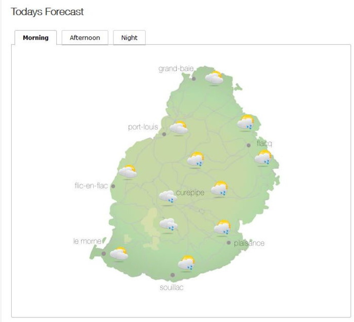 Bulletin prévision - Maurice  COMMUNIQUÉ DE LA MÉTÉO POUR MAURICE ÉMIS À 04H30 CE MARDI 05 OCTOBRE 2021.   SITUATION GÉNÉRALE:     Notre région demeure sous l'influence d'un courant d'air perturbé.     PRÉVISIONS POUR LES PROCHAINES 24 HEURES:  Mi-couvert ce matin devenant parfois nuageux sur la moitié Est de l'île et sur le plateau  central avec des averses.     Les averses déborderont dans les autres secteurs dans l'après-midi et seront  d'intensité modéré par moment.  Des poches de brouillard sont aussi attendues dans certaines régions en hauteur.     La température maximale variera entre 22 et 24 degrés Celsius sur le plateau central  et entre 26 et 29 degrés Celsius sur le littoral.     Les averses deviendront moins fréquentes durant la nuit.     La température minimale variera entre 16 et 18 degrés Celsius sur le plateau central  et entre 20 et 22 degrés Celsius sur les régions côtières.     Le vent soufflera du secteur Est à environ 15 km/h, se renforçant sous les averses.     Mer agitée au-delà des récifs avec des vagues de l'ordre de 2 mètres.     Marées Hautes : 12h24 et demain 00h22.  Marées Basses : 06h06 et 18h36.     Lever du soleil       : 05h47.  Coucher du soleil : 18h09.     La pression atmosphérique à 04h00 : 1017 hectoPascals.MMS/VACOAS.