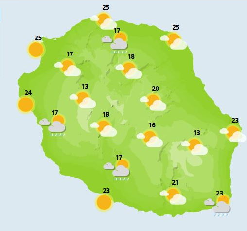 JOURNEE DU MARDI 05.  Sec ce matin mais humide cet après-midi.  Le soleil est au rendez-vous ce matin sur une bonne moitié Ouest, par contre dans l'Est le ciel est nettement plus gris avec quelques averses par place. Les nuages de pente prennent rapidement le relais sur les Hauts de l'Ouest et du Sud. Dans l'après-midi, tout l'Intérieur est pris dans les nuages avec des étalements un peu dans toutes les directions, le bord de mer aussi va donc finir la journée sous un temps assez gris. Sommets et Cirques ne verront le soleil que ce matin. Dans cette ambiance devenue nuageuse, une petite activité pluvieuse va se mettre en route par endroit, de préférence en montagne, à priori sans secteur privilégié même si les hauteurs de Saint-Denis paraissent en première ligne. Dans ces conditions les températures n'atteignent pas des sommets, et c'est en fin de matinée qu'on observe les maximales du jour. Le vent est faible, la mer agitée dans l'Est à cause d'un fond de houle d'alizés. MÉTÉO France OI.