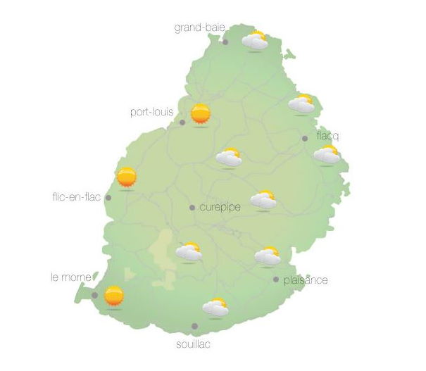 Bulletin prévision - Maurice  COMMUNIQUÉ DE LA MÉTÉO POUR MAURICE ÉMIS À 04H30 CE MERCREDI 06 OCTOBRE 2021.     SITUATION GÉNÉRALE:   Un courant d'air léger circule sur notre région.   PRÉVISIONS POUR LES PROCHAINES 24 HEURES:   Beau temps ce matin. Des développement nuageux sont attendus dans l'après-midi sur la partie Sud de l'île et sur le plateau central avec des averses localisées. Ces averses pourraient déborder à l'Est en fin d'après-midi. La température maximale variera entre 23 et 25 degrés Celsius sur le plateau central et entre 27 et 30 degrés Celsius sur le littoral.  Nuageux dans la soirée avec des ondées isolées sur les hauteurs. Le ciel s'éclaircira graduellement cette nuit. La température minimale variera entre 16 et 18 degrés Celsius sur le plateau central et entre 20 et 22 degrés Celsius sur les régions côtières.  Vent léger et variable ce matin, soufflant de l'Est Nord Est d'environ 15 km/h au cours de la journée. Mer agitée au-delà des récifs avec des vagues de l'ordre de 2 mètres.     Marées Hautes : 12h45 et demain 00h58.  Marées Basses : 06h35 et 19h06.     Lever du soleil       : 05h46.  Coucher du soleil : 18h09.     La pression atmosphérique à 04h00 : 1015 hectoPascals.